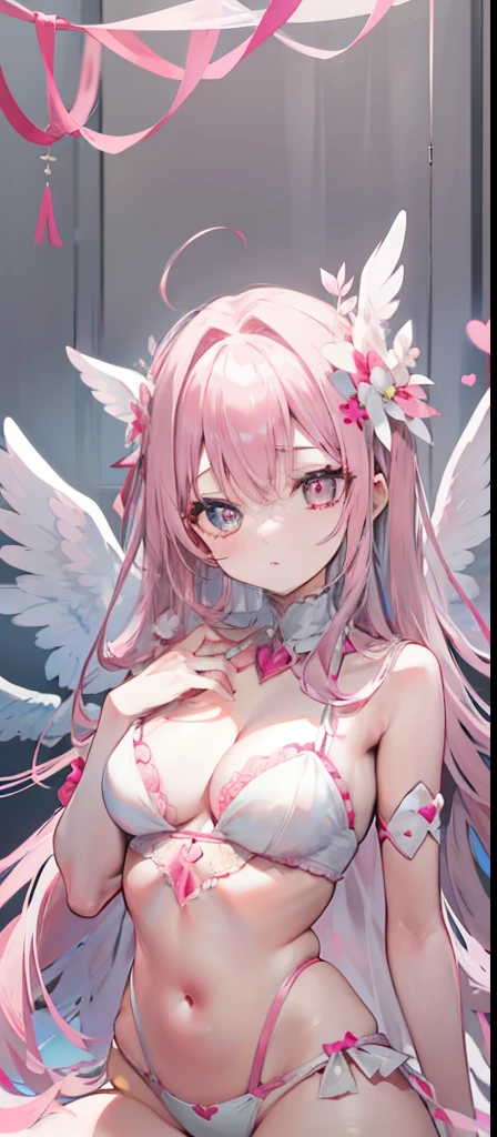 Pink gray hair,Brilliant décor,Pink white angel wings,The shape of a heart in pink pupils,Angelic beauty,Soft angel suit in yellow and white,A cute beautiful girl