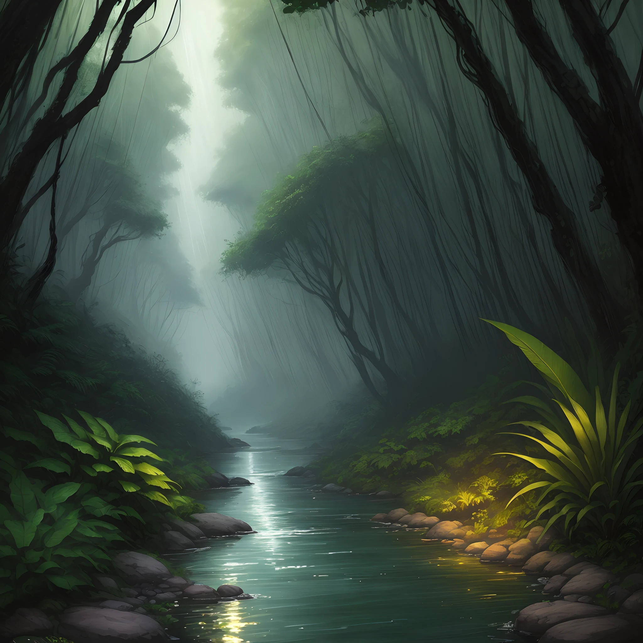 Dark night jungle creek drizzling