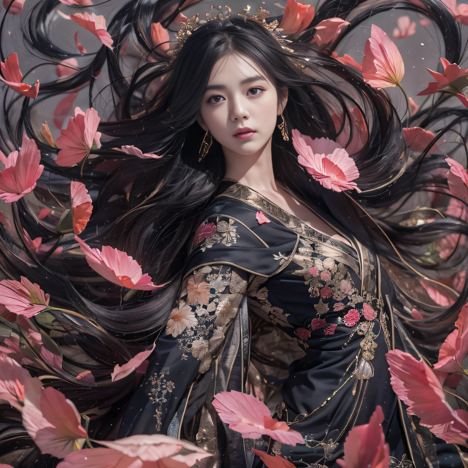 32K(tmasterpiece,k hd,hyper HD,32K)Long flowing black hair,ponds,zydink, a color, Asian people (Silly girl), (Silk scarf), Combat posture, looking at the ground, long whitr hair, Floating hair, Carp pattern headdress, Chinese long-sleeved clothing, (abstract ink splash:1.2), Pink petal background,Tulips flying(realisticlying:1.4),Black color hair,Fallen leaves flutter,The background is pure, A high resolution, the detail, RAW photogr, Sharp Re, Nikon D850 Film Stock Photo by Jefferies Lee 4 Kodak Portra 400 Camera F1.6 shots, Rich colors, ultra-realistic vivid textures, Dramatic lighting, Unreal Engine Art Station Trend, cinestir 800,Long flowing black hair