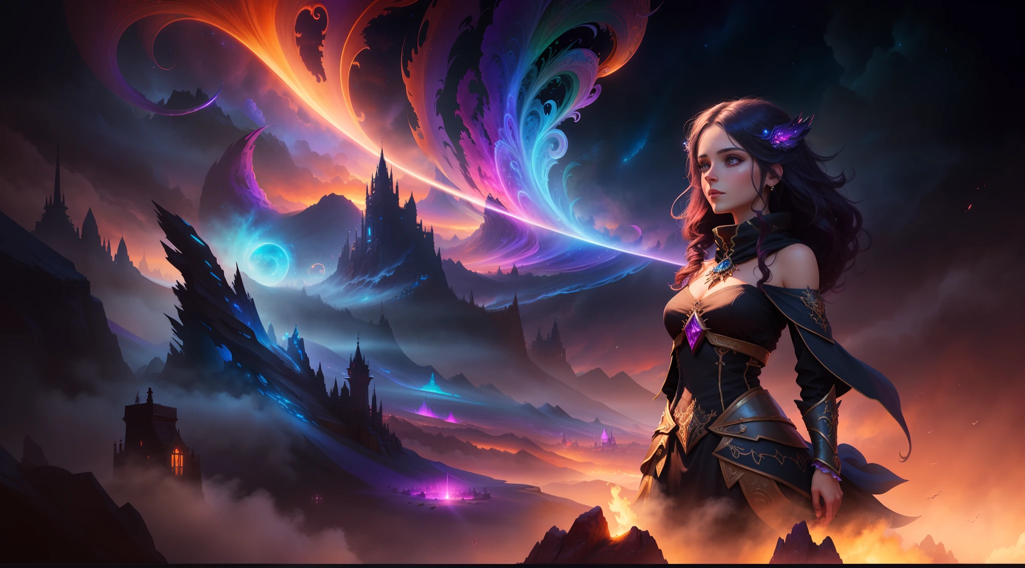 a woman in a black dress standing in front of a colorful sky, epic fantasy art style hd, fantasy art style, epic fantasy digital art style, 4k fantasy art, detailed fantasy digital art, colorfull digital fantasy art, beautiful fantasy art, high quality fantasy art, anime fantasy artwork, 4k highly detailed digital art, fantasy style art, fantasy digital art