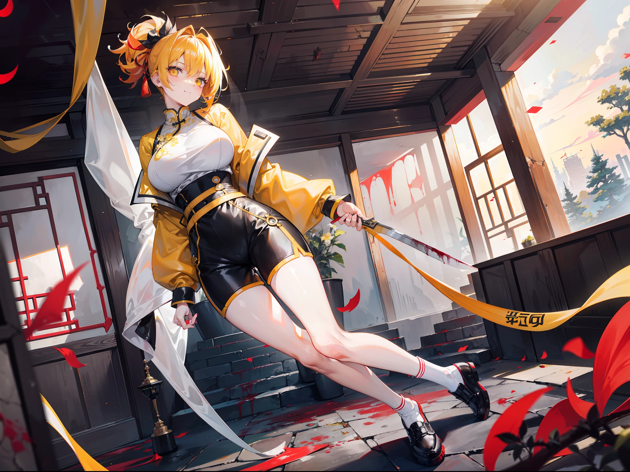 Beautiful girl with orange-yellow hair color，curlies，short detailed hair，High ponytail，Wearing an antique yellow and white long-sleeved training uniform，Hidden knives in clothes，open waist，Wear yellow-black shorts，long white socks，Black cloth shoes，assassins，Sunny smile，Tall and tall，Sitting in an ancient Chinese courtyard full of blood strewn with corpses at dusk，dark stormy clouds，China-style，huge tit，抖S，Full body photo，Extremely thin，extremely hyper，long white socks，assassins，The legs are very thin，Best quality at best，High- sharpness，tmasterpiece，Holding a blood-stained short knife，His body was covered in blood，Sick，Heterochromic pupils，morbid，Murderer，Extremely tall，Heterochromic pupils，being thin，Be covered in blood，Bodies are strewn across the field，blood vess，The demons，Dusk background，Be covered in blood