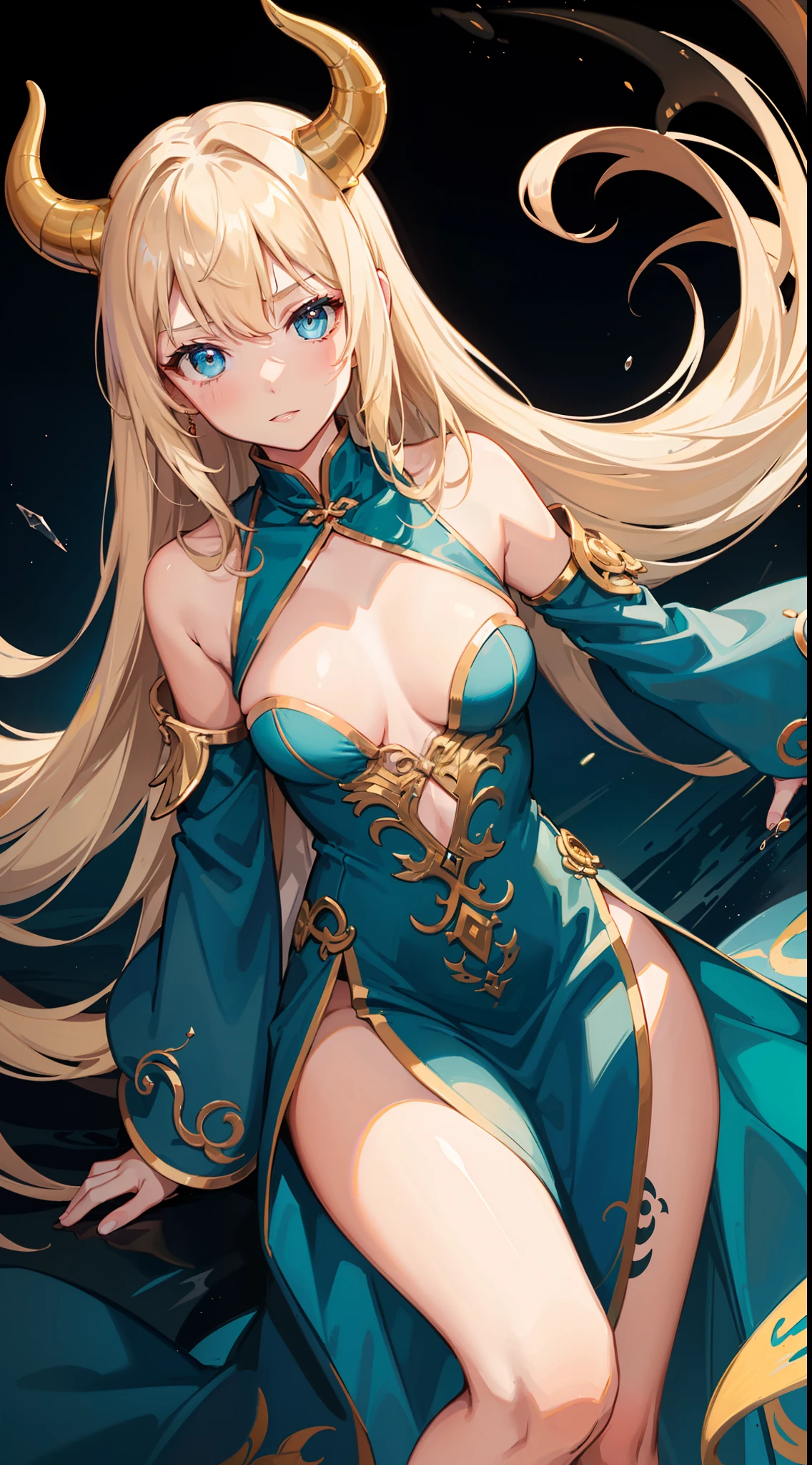 young girl, longue blonde hair, dragon horns, Cyan eyes, tight blue chinese dress, neckline on the chest, grudge, little chest, Masterpiece, hiquality