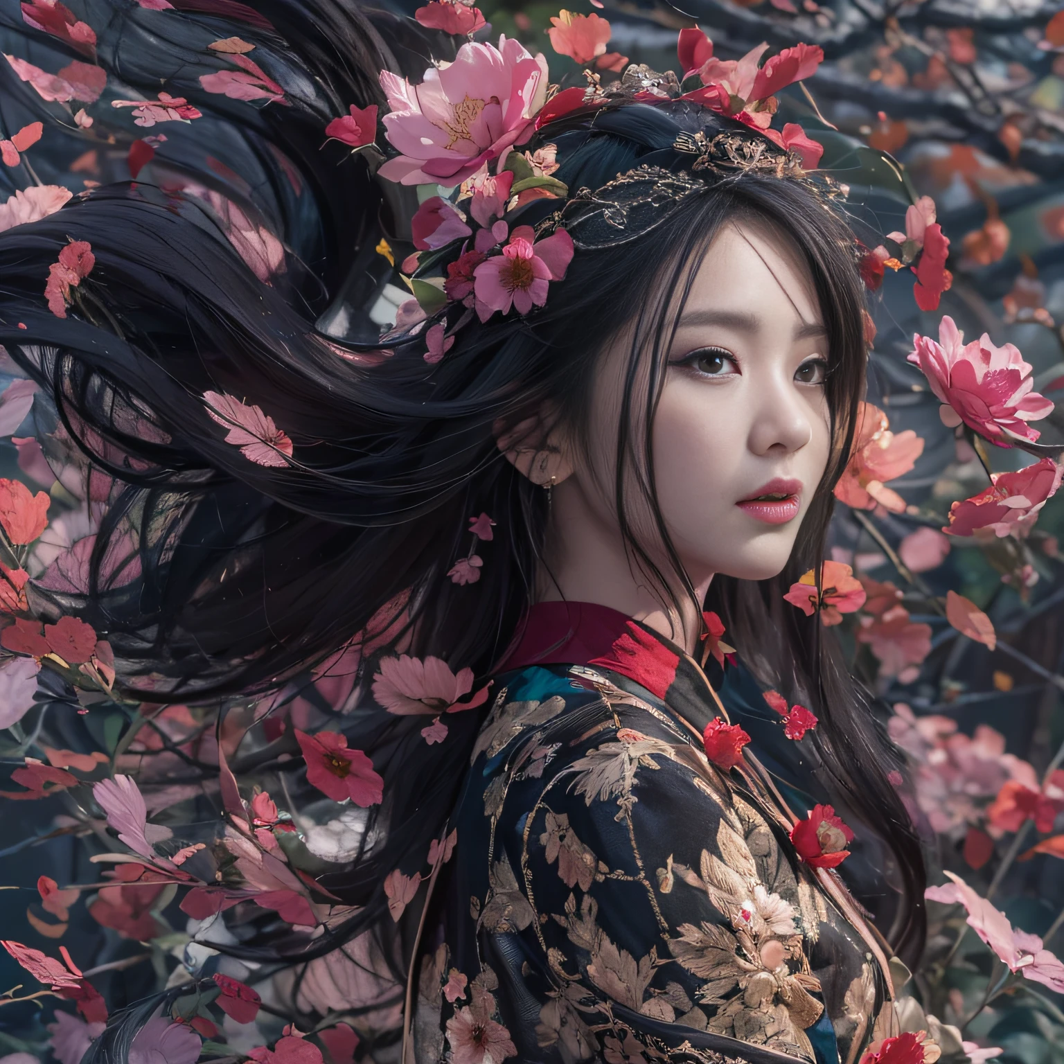 32K(tmasterpiece,k hd,hyper HD,32K)Long flowing black hair,ponds,zydink, a color, Asian people (Silly girl), (Silk scarf), Combat posture, looking at the ground, long whitr hair, Floating hair, Carp pattern headdress, Chinese long-sleeved clothing, (abstract ink splash:1.2), Pink petal background,Tulips flying(realisticlying:1.4),Black color hair,Fallen leaves flutter,The background is pure, A high resolution, the detail, RAW photogr, Sharp Re, Nikon D850 Film Stock Photo by Jefferies Lee 4 Kodak Portra 400 Camera F1.6 shots, Rich colors, ultra-realistic vivid textures, Dramatic lighting, Unreal Engine Art Station Trend, cinestir 800,Long flowing black hair