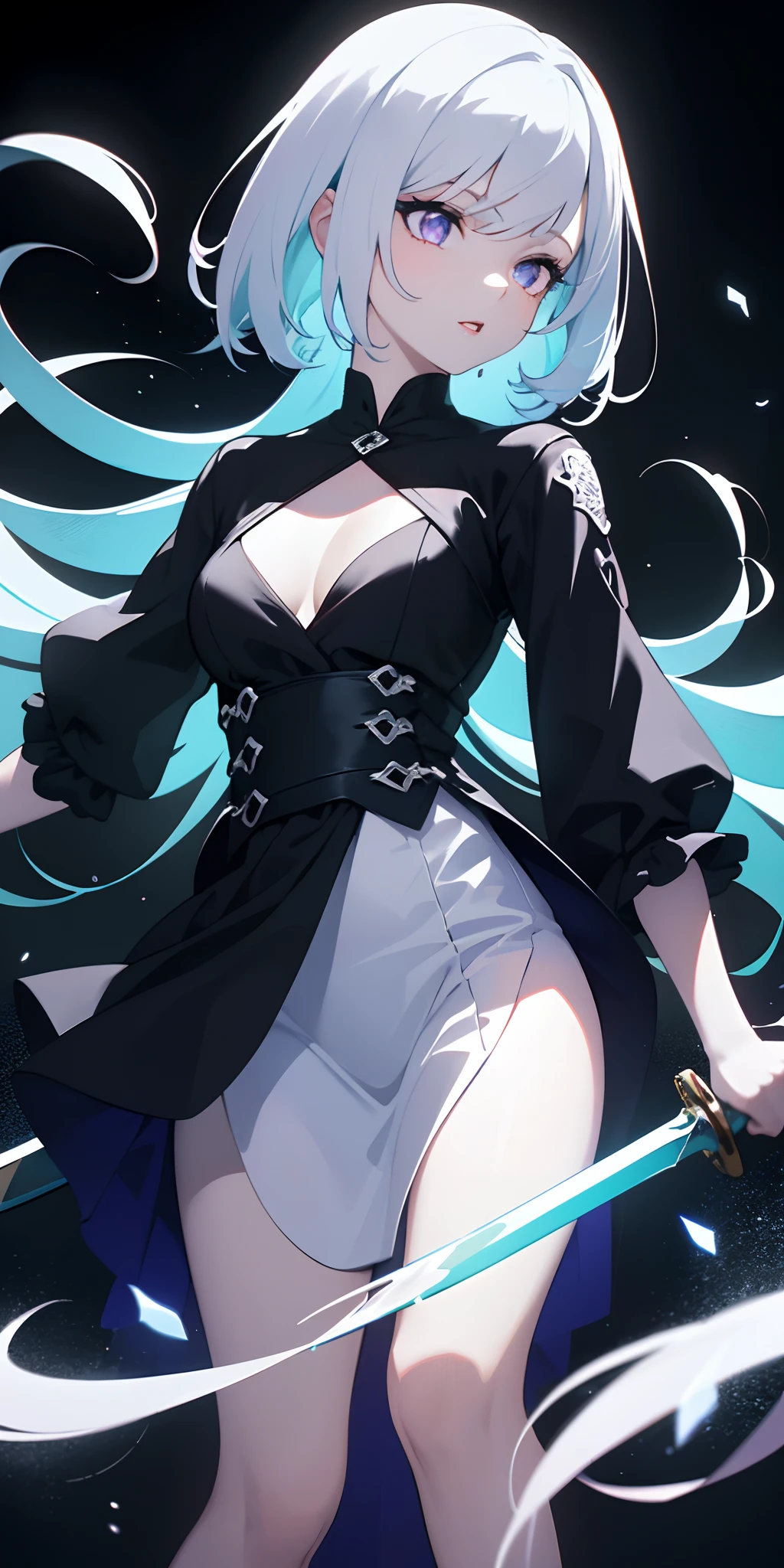 masterpiece, best quality, (extremely detailed CG unity 8k wallpaper, masterpiece, best quality, ultra-detailed, best shadow), (detailed background), (beautiful detailed face, beautiful detailed eyes), High contrast, (best illumination, an extremely delicate and beautiful),1girl,((colourful paint splashes on transparent background, dulux,)), ((caustic)), dynamic angle,beautiful detailed glow,full body, cowboy shot, colorful, 1girl, white hair, purple eyes, dual wielding, sword, holding sword, blue flames, glow, glowing weapon, light particles, wallpaper, chromatic aberration, (detailed background,dark fantasy), (beautiful detailed face), high contrast, (best illumination, an extremely delicate and beautiful), ((cinematic light)), colorful, hyper detail, dramatic light, intricate details, depth of field,black light particles,(broken glass),magic circle,