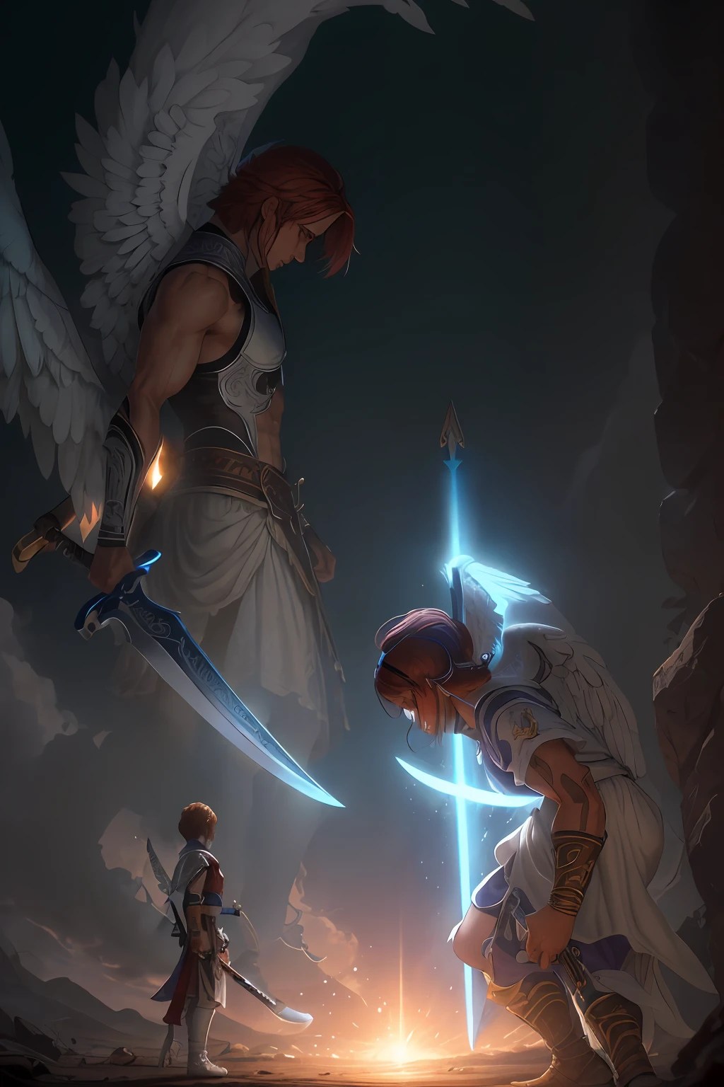 Ultra resolution 8K, Extraordinary resolution, Beautiful and impressive illustration, un adolescente de pie frente a un gigante guerrero, Warrior Prince, Guardian Angel (espada en la mano: 1.7), cuidando al adolescente