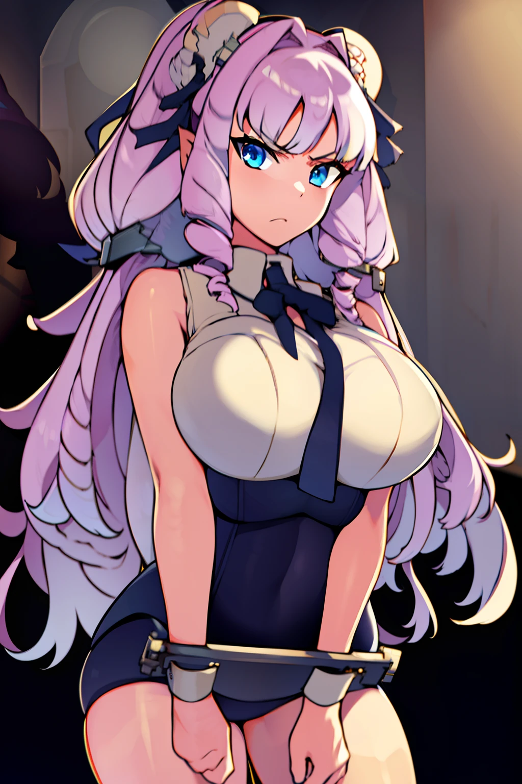 masterpiece, detailed, best quality, beautiful girl, school swimsuit, shackles, stocks, troubled face, dark dungeon, (prison), Fujido Oriko, blue eyes, cowboy shot, drill hair, fang, large breasts, long hair, purple hair, white hair