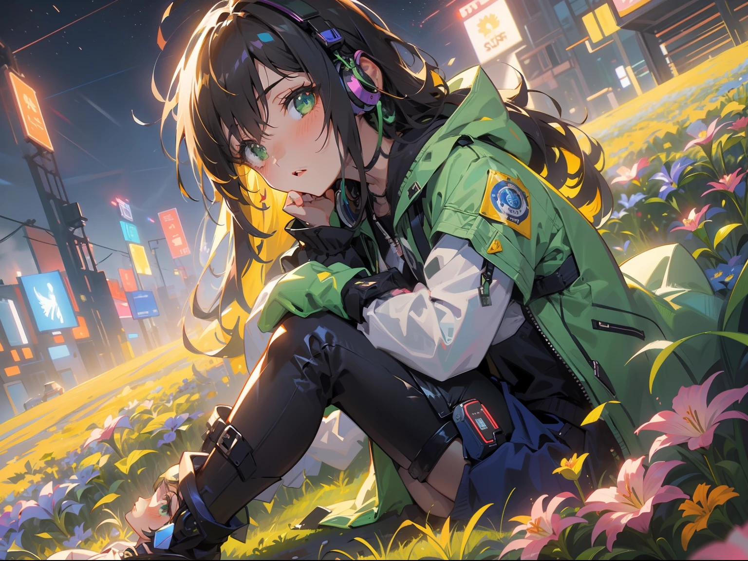(masterpiece), (best quality), ultra high res, sharp focus, ((1 woman, solo)), full body, dutch angle, cyberpunk theme, beautiful detailed hair, chestnut brown hair, long hair tumbles down, headphones, beautiful detailed face, ((beautiful shape eyes, green eyes)), perfect feminine face, look at the viewer, feminine cyberpunk outfit, in the meadow of lily flowers, sitting on the ground, (in the night time:1.2)