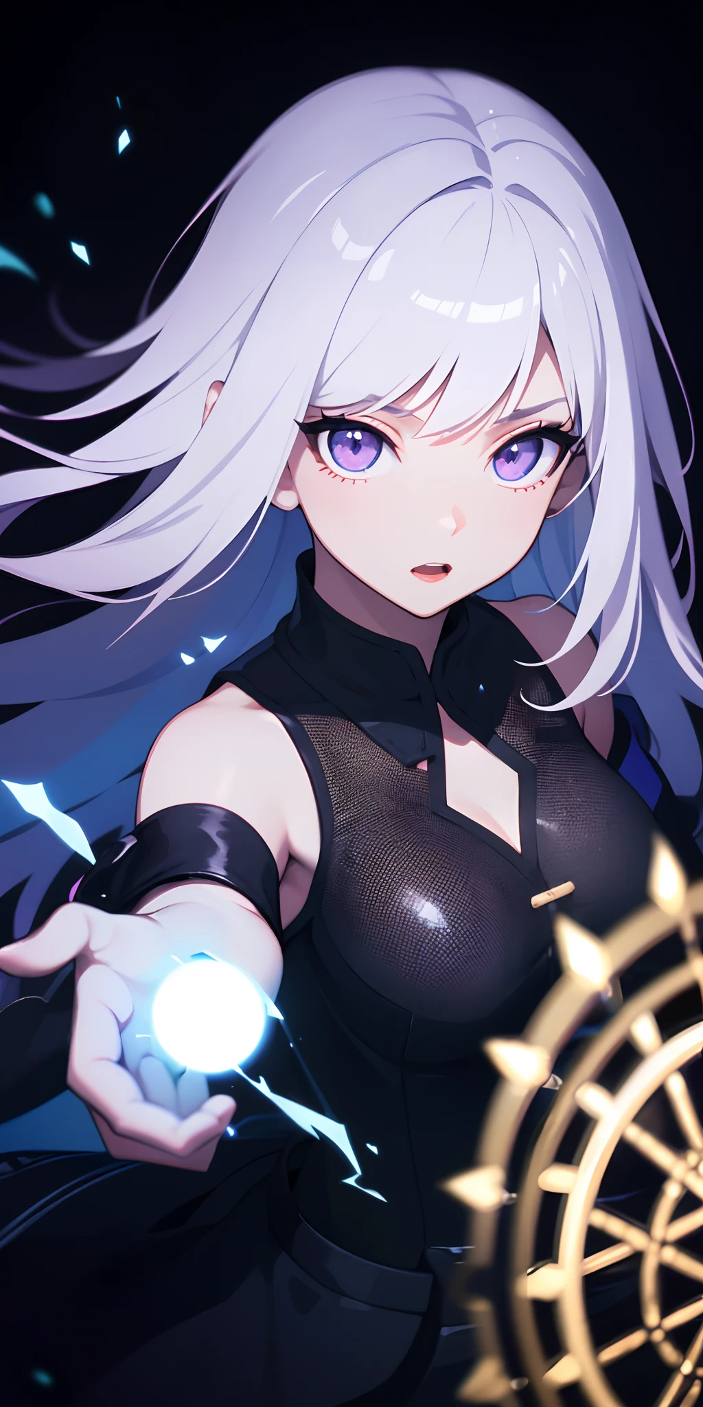 masterpiece, best quality, (extremely detailed CG unity 8k wallpaper, masterpiece, best quality, ultra-detailed, best shadow), (detailed background), (beautiful detailed face, beautiful detailed eyes), High contrast, (best illumination, an extremely delicate and beautiful),1girl,((colourful paint splashes on transparent background, dulux,)), ((caustic)), dynamic angle,beautiful detailed glow,full body, cowboy shot, colorful, 1girl, white hair, purple eyes, dual wielding, sword, holding sword, blue flames, glow, glowing weapon, light particles, wallpaper, chromatic aberration, (detailed background,dark fantasy), (beautiful detailed face), high contrast, (best illumination, an extremely delicate and beautiful), ((cinematic light)), colorful, hyper detail, dramatic light, intricate details, depth of field,black light particles,(broken glass),magic circle,