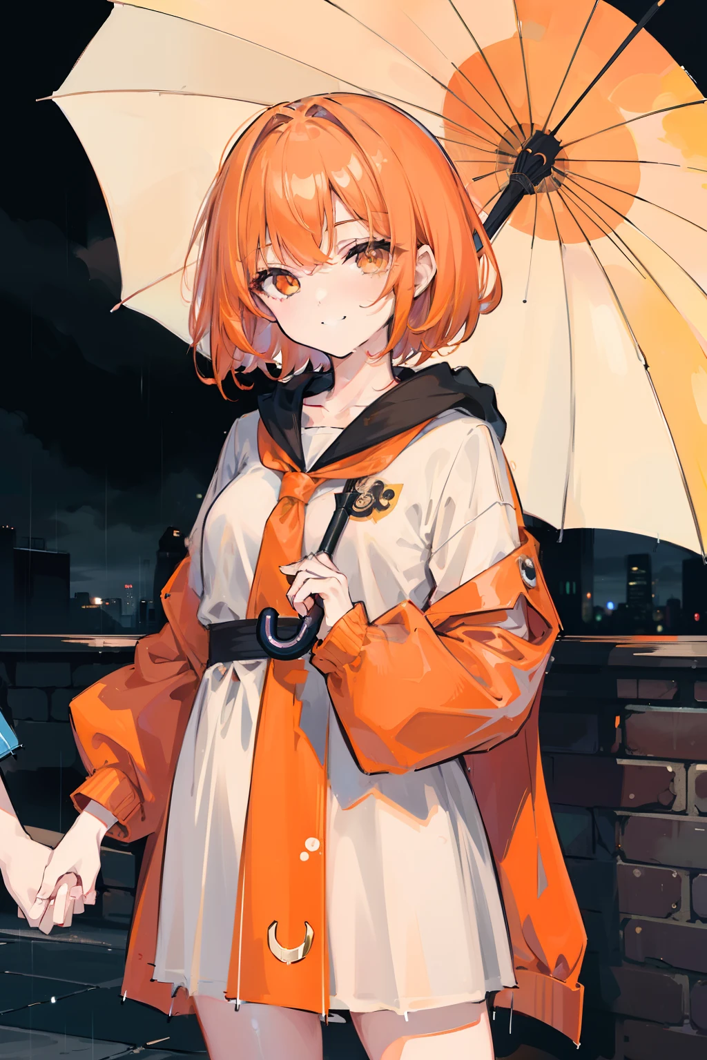 masterpiece, best quality, 1girl, solo, orange hair, short hair, shoulder-length hair, straight hair, orange eyes, round eyes, street fashion, ((raining)), in the night, ((cloudy)), dark, seeing a viewer, holding an umbrella, ((((handing over an umbrella)))), ((((put one's hand forward)))), in the staris, in the rain, ((detail face)), ((a cold smile))