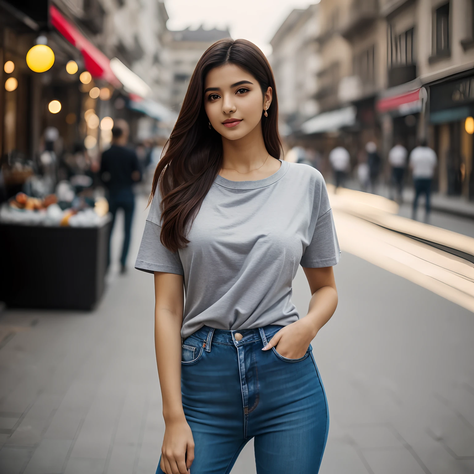 Top Quality, Photorealistic, 8K, High Definition, 1 Tirkish Girl, 26 year old Woman, wearing black round neck baggy Tee-shirt, regular fit, regular length, no printing on Teeshirt, skinny damage ankle fit jeans, heels, (Skindentation), (Big Breasts, bouncy breasts), (Professional Lighting, Bokeh), (Street), (People, Crowd: 0.6), Market, (Night: 1.2), (Gray: 2.0), (Blouse: 1.5), (Portate: 0.6), Gorgeous, Bloom, (Floating Hair), (Light particles, Lens Flare, Luminous Particles: 0.6), ( Dynamic Pose: 1.2), soft lighting, Standing open legs, model posing, Tirkish beautiful girl.