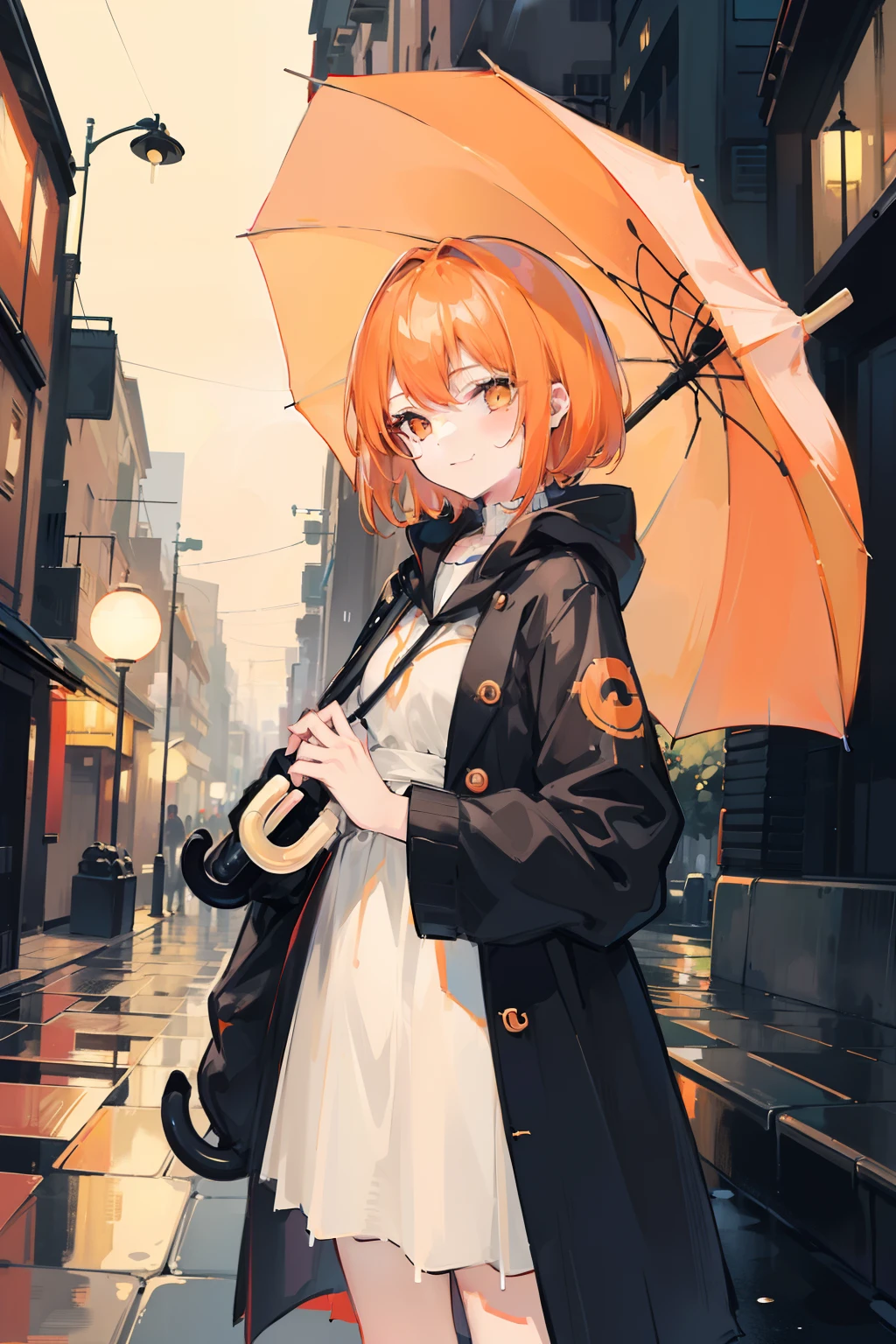 masterpiece, best quality, 1girl, solo, orange hair, short hair, shoulder-length hair, straight hair, orange eyes, round eyes, street fashion, raining, in the night, cloudy, dark, seeing a viewer, holding an umbrella, ((((handing over an umbrella)))), ((((put one's hand forward)))), in the alleys, in the rain, ((detail face)), ((a cold smile))