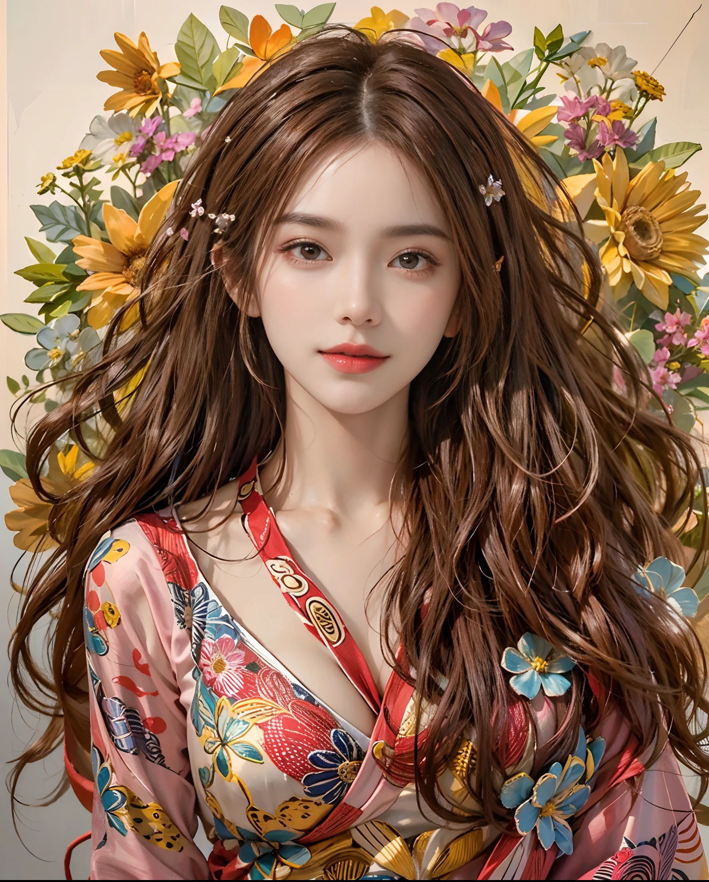 Photorealistic, High resolution, Soft light,1womanl, Solo, hips up high, glistning skin, (Detailed face), Maroon wavy hair, An eye that invites the viewer, Lover's perspective, inviting expression, Sexy smile, Detailed skin, Beautiful Hair Accessories,top-quality、(Zentangle、a Mandala、Tangles、Entanglement)、Lots of colorful flowers on the background、Gradient of red on chestnut hair、Flower Qui Clothes、花魁、Make it look like a real photo、Transparent skin、Body Slender、Breasts are small and B size、Lots of colorful flowers on the background、Angle from diagonally above、