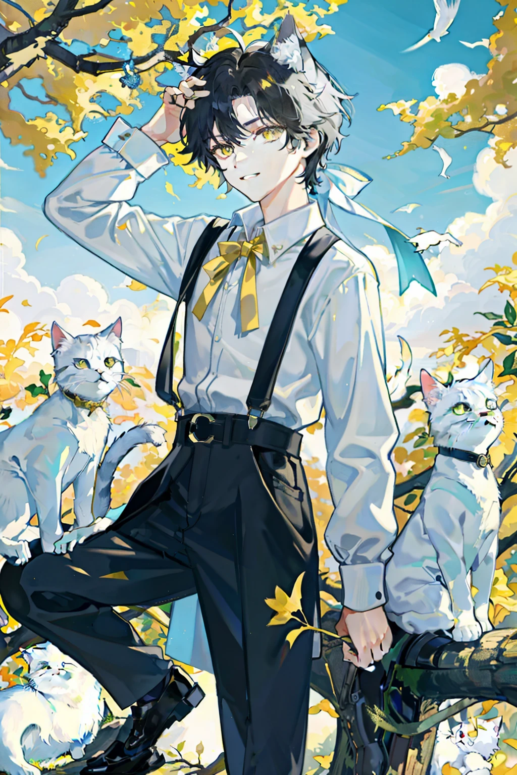 （（tmasterpiece）），（（（（best qualtiy））），1boy，19-year-old youth，Cat-eared boy，White cat-eared ager，Yellow eyes，White cat ears，Curious demeanor，short black curly hair，The shirt，Suspenders，Small leather shoes，A happy expression，Surrounded by white cats，Autumn leaves，Ginkgo tree，The boy stood under the tree，Sunset atmosphere，Curious demeanor，detailed hairs，16k，