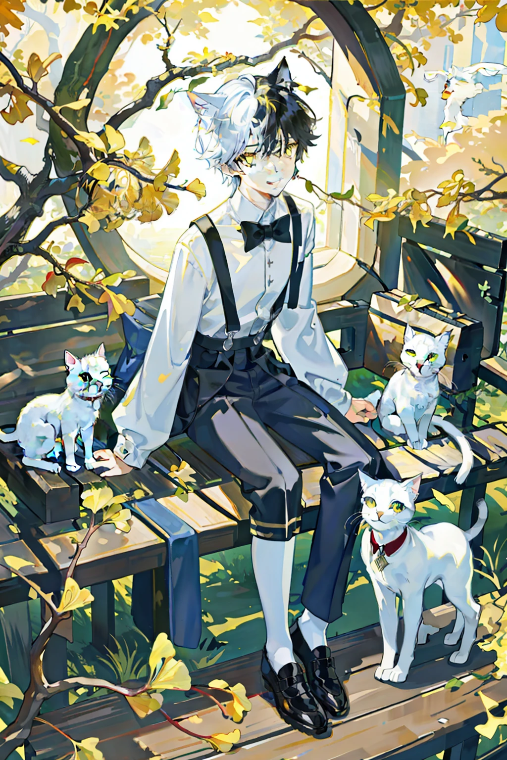 （（tmasterpiece）），（（（（best qualtiy））），1boy，19-year-old youth，Cat-eared boy，White cat-eared teenager，Yellow eyes，White cat ears，Curious demeanor，short black curly hair，The shirt，Suspenders，Small leather shoes，A happy expression，Surrounded by white cats，Autumn leaves，Ginkgo tree，The boy stood under the tree，Sunset atmosphere，Curious demeanor，detailed hairs，16k，