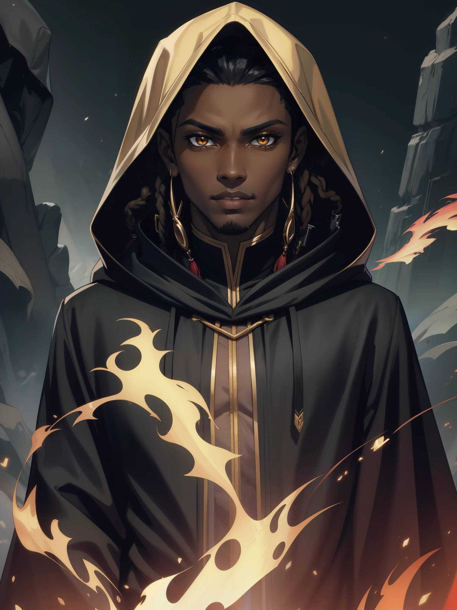 Portrait, Masterpiece, Excellent, 1boy, solo, complex details, color diffusion, demonic prince, dark skin, ebony, brown skin, dark-skinned male, dark hair, black hair, dreadlocks, golden eyes, epic attire, assassin mage attire, hooded, cloak, cloaked, badass, trending, demon, anti-hero, young, Sci-Fi, Fantasy