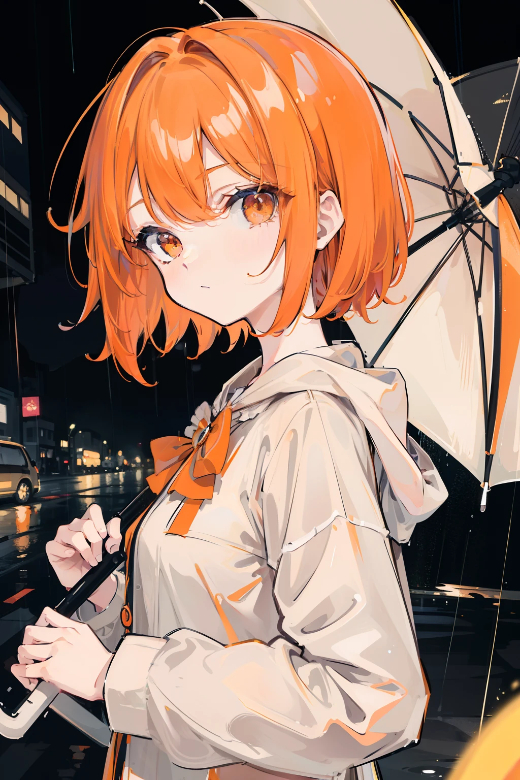 masterpiece, best quality, 1girl, solo, orange hair, short hair, shoulder-length hair, straight hair, orange eyes, round eyes, street fashion, ((raining)), in the night, cloudy, dark, seeing a viewer, holding an umbrella with one hand, handing over an umbrella to the viewer, in the alleys, seeing the viewer