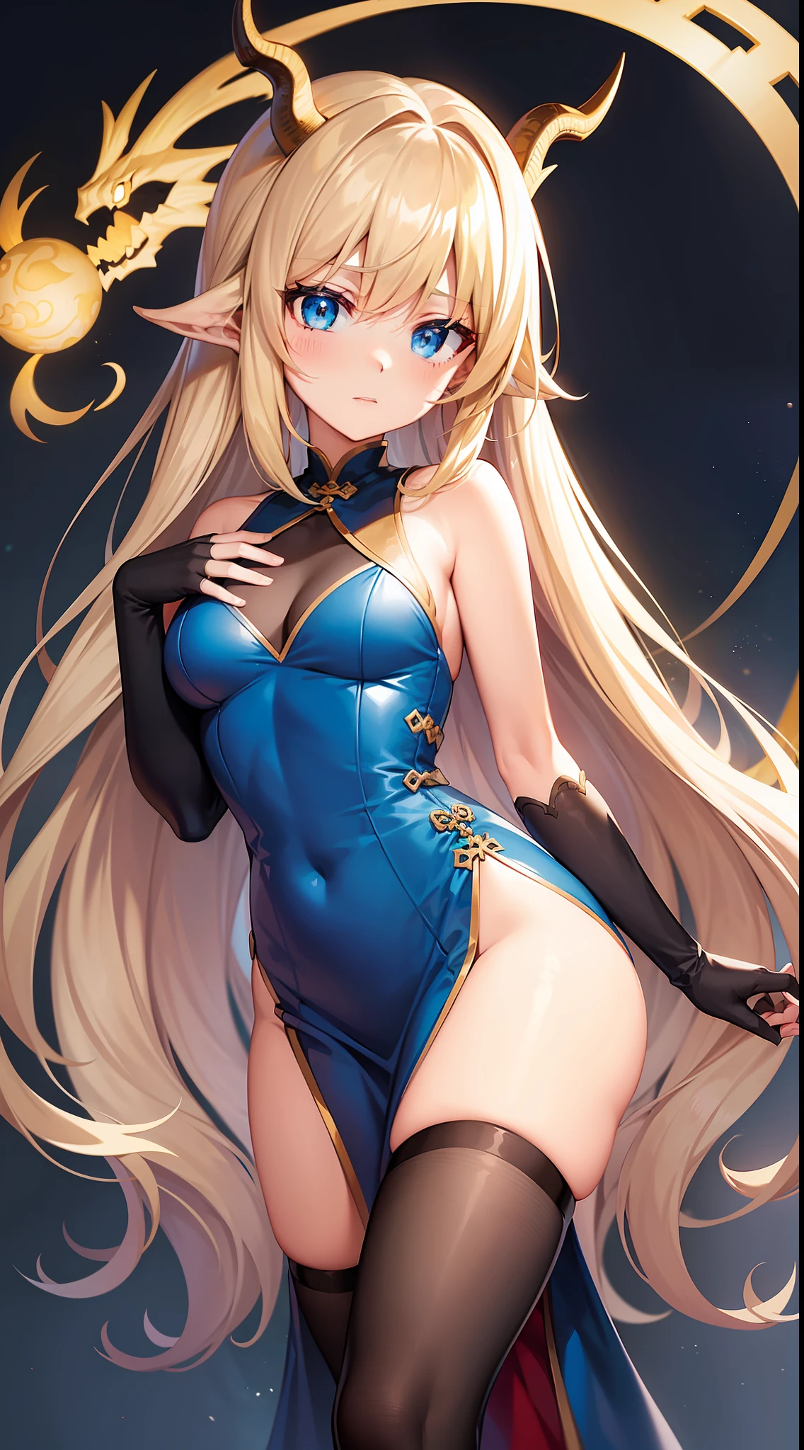 young girl, longue blonde hair, dragon horns, Cyan eyes, tight blue chinese dress, neckline on the chest, grudge, little chest, Masterpiece, hiquality