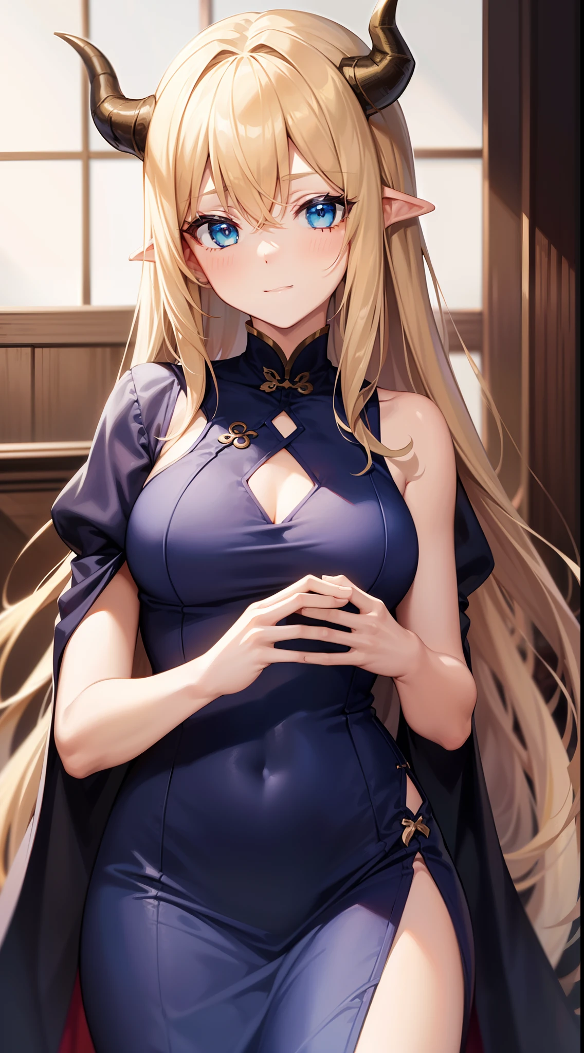 young girl, longue blonde hair, dragon horns, Cyan eyes, tight blue chinese dress, neckline on the chest, grudge, little chest, Masterpiece, hiquality