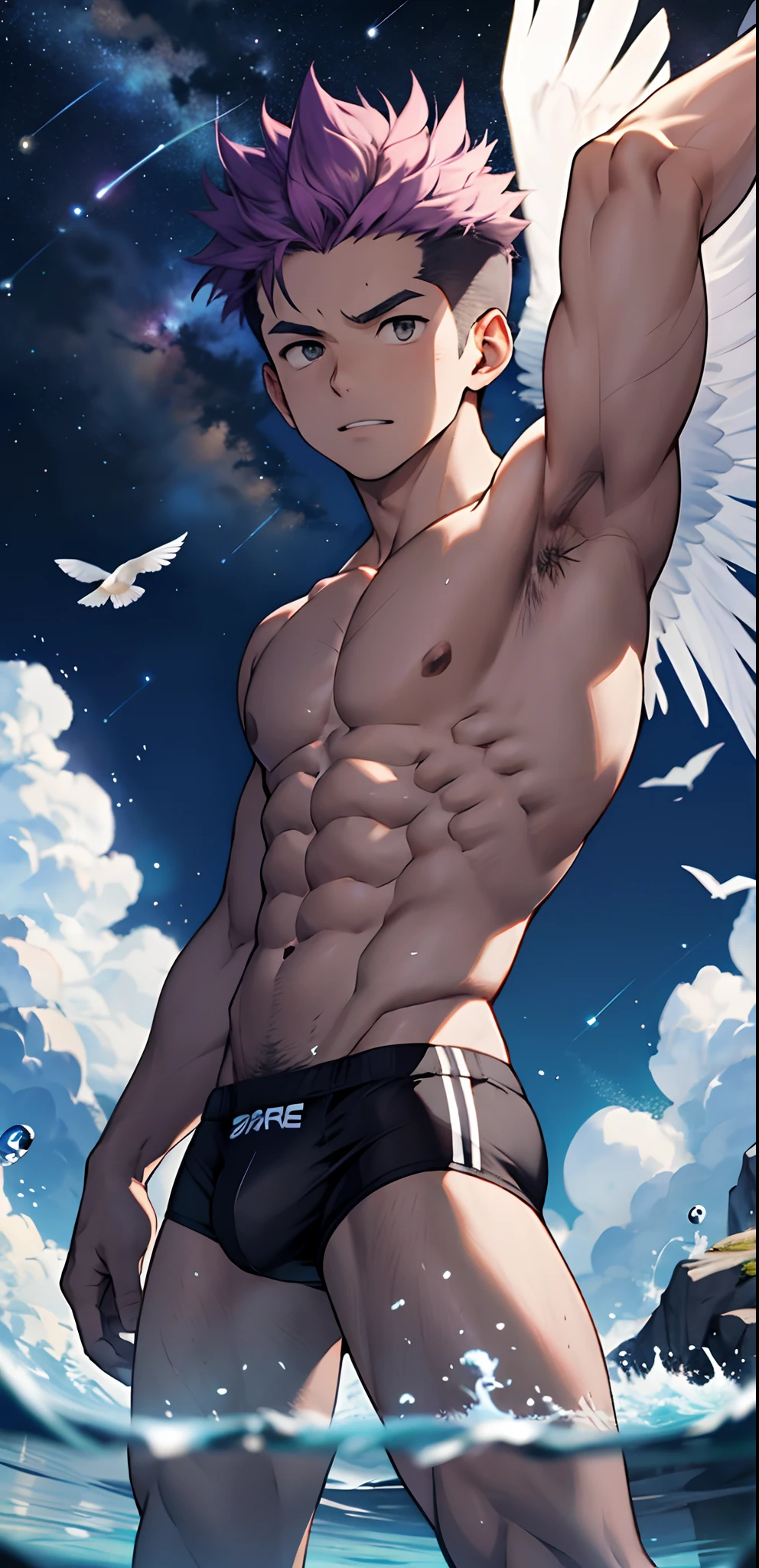 (masterpiece, best quality),Muscular and robust  boy,musculous，Raised pectoral muscles，Abs，Soar among the stars，Air，flight，Fly in the air，Floating ice cubes，Golden feathered wings,Male children,nakeness,Kid's face，infancy,Kid's face,Abdominal hair,Chest hair,pubes，Blue-purple briefs，nakeness,Flat chin,Blue-purple belly hair,Blue-purple chest hair,Blue-purple pubic hair,Flat chin,Fine face in detail,White men's briefs,musculous,pink short hair,Bright Hair,White eyes,Keep your eyes wide open,nakeness,White briefs,White briefs,Pectoralis abdominal muscles,Strong and well-developed muscles,bright,Bright and vivid colors,(depth of fields:1.2),Positive audience,looking at viewert,the night