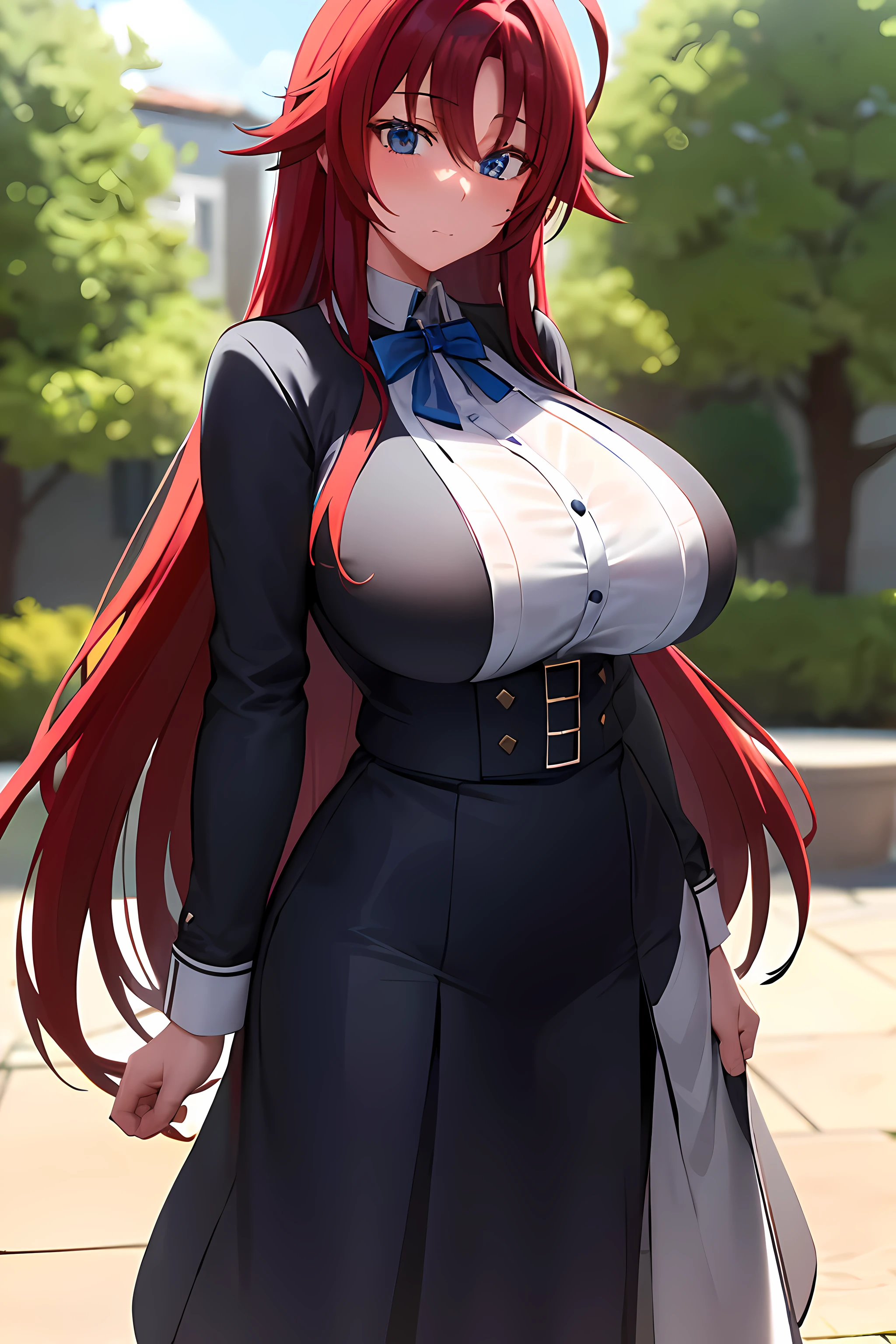 masterpiece, best quality, 1girl, long hair, looking at viewer, :3, cute, black school uniform, outdoors, streets, cowboy shot, large breasts, curvy, (((blue eyes))), rias gremory, red hair, antenna hair, wavy hair, ((beautiful detailed eyes, beautiful detailed glow))