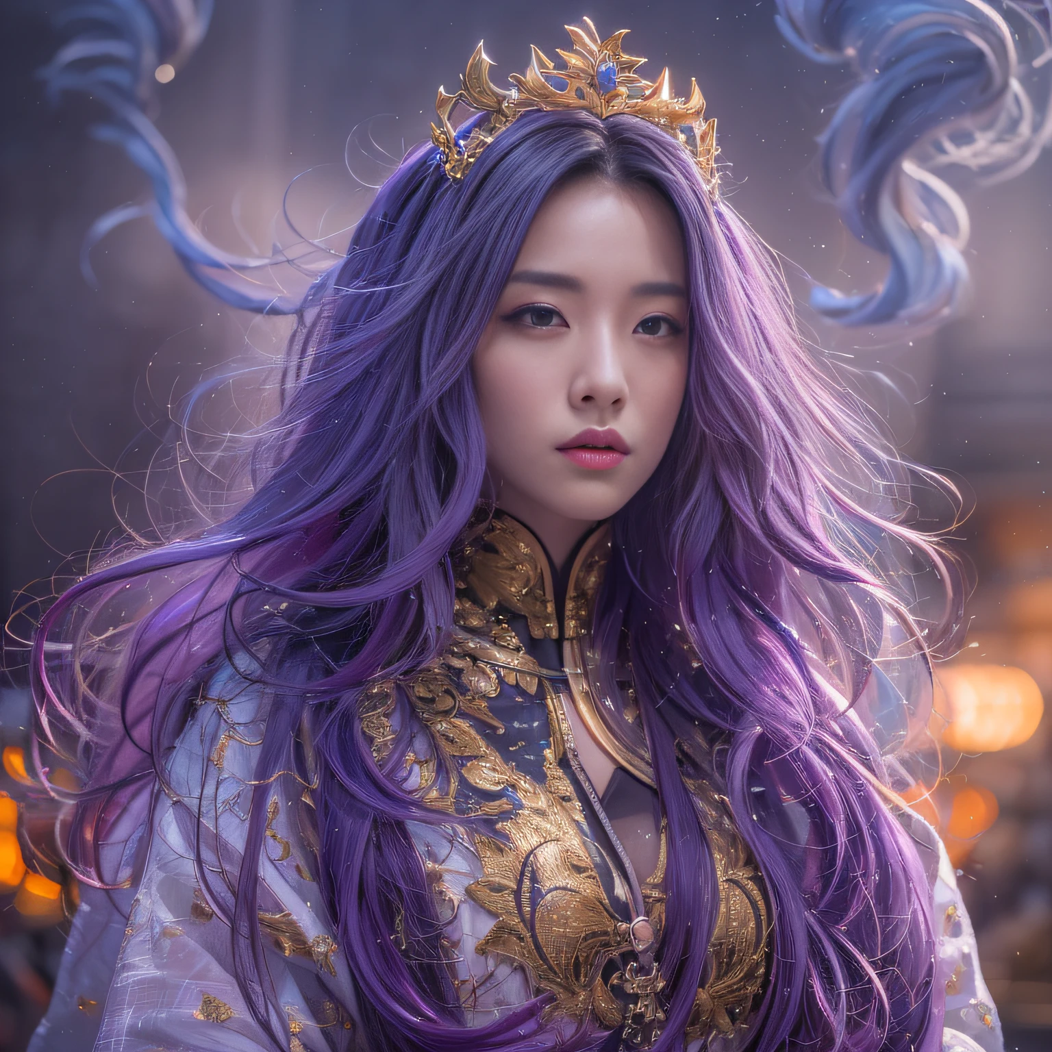 32K(tmasterpiece,k hd,hyper HD,32K)Long flowing bright purple hair,Autumn Pond,zydink, a color, Asian people (Silly girl), (Silk scarf), Combat posture, looking at the ground, long whitr hair, Floating bright purple, Fire cloud pattern gold tiara, Chinese long-sleeved gold silk garment, (abstract ink splash:1.2), white backgrounid,Lotus protector(realisticlying:1.4),Bright purple hair,Smoke on the road,The background is pure, A high resolution, the detail, RAW photogr, Sharp Re, Nikon D850 Film Stock Photo by Jefferies Lee 4 Kodak Portra 400 Camera F1.6 shots, Rich colors, ultra-realistic vivid textures, Dramatic lighting, Unreal Engine Art Station Trend, cinestir 800,Long flowing bright purple hair