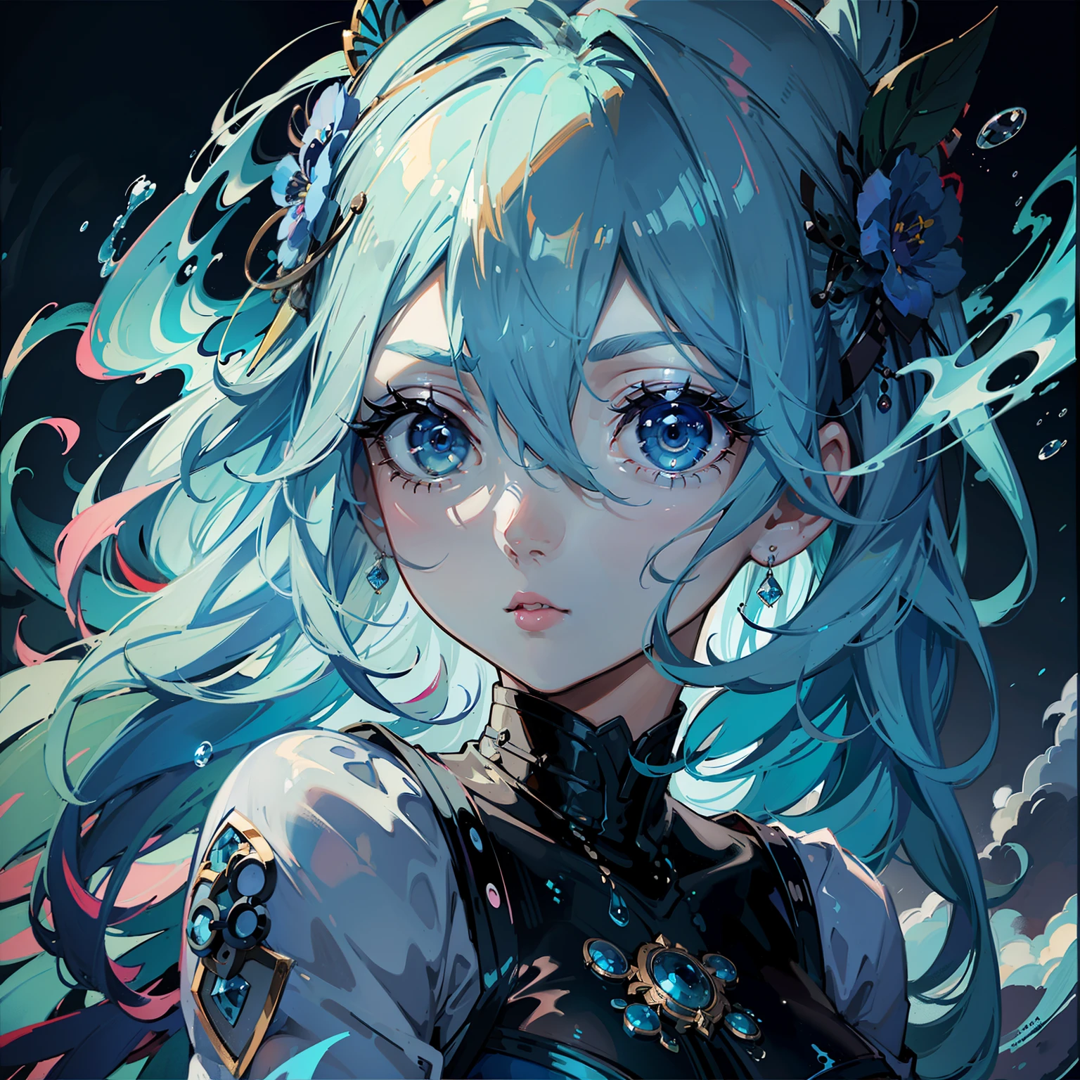 Woman with short light blue hair painting on big canvas、drooping eyebrows、big eye、Dark eyelashes、Blue-based makeup、Colorful colors、(highestdetailed)、(Top image quality)、(独奏:1.3)、(Maximum gloss)、(Best Shadows)