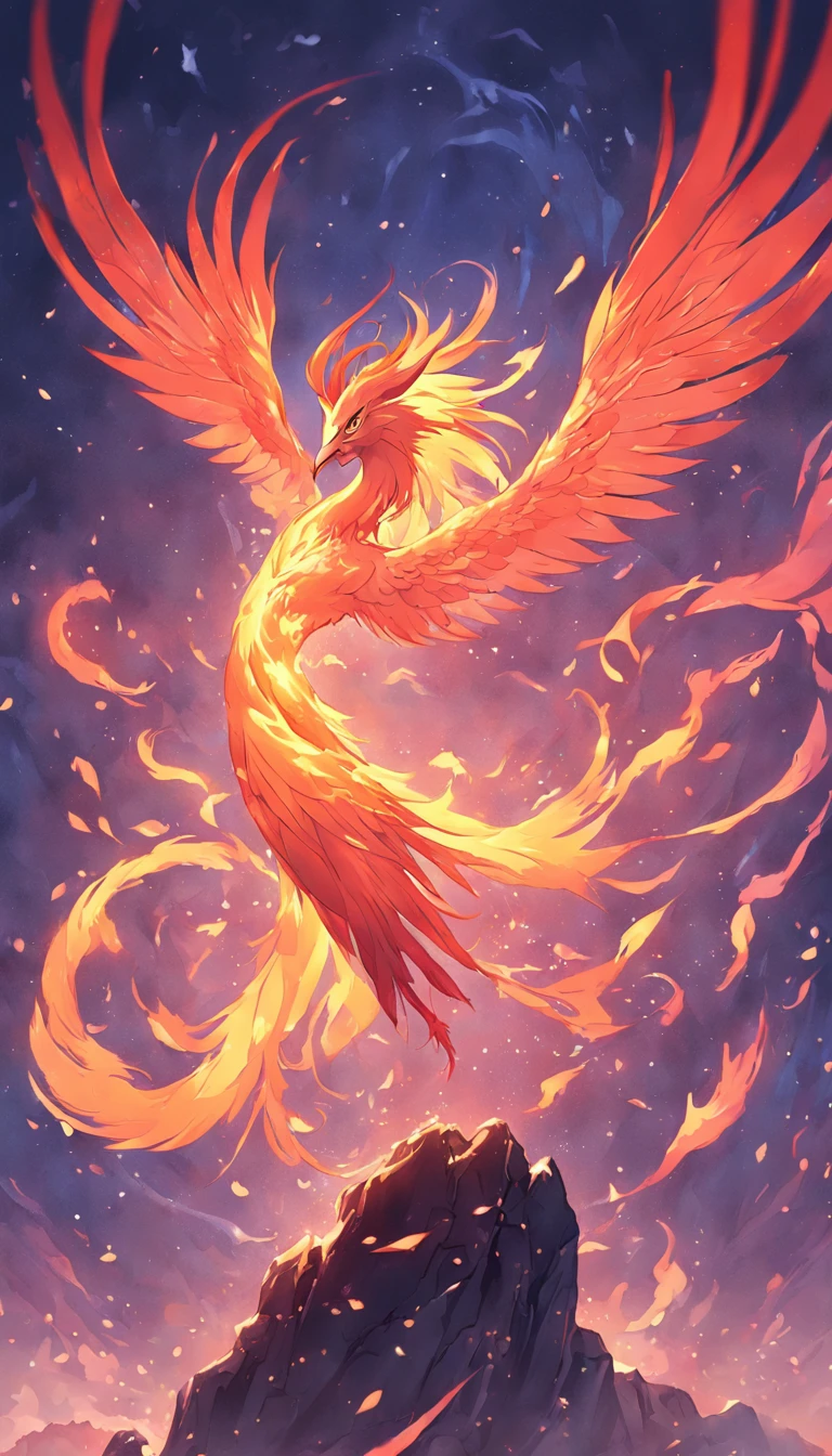 (ＮＯ Human:1.5)、Best Quality、masutepiece、High resolution、emphasize red、1. phoenix、The graceful figure of a beautiful phoenix、Express your individuality with bright colors and graceful movements.。colorful light particles, japanese watercolor,myterious, Abstract Art, Psychedelia Theme,object of faith、
