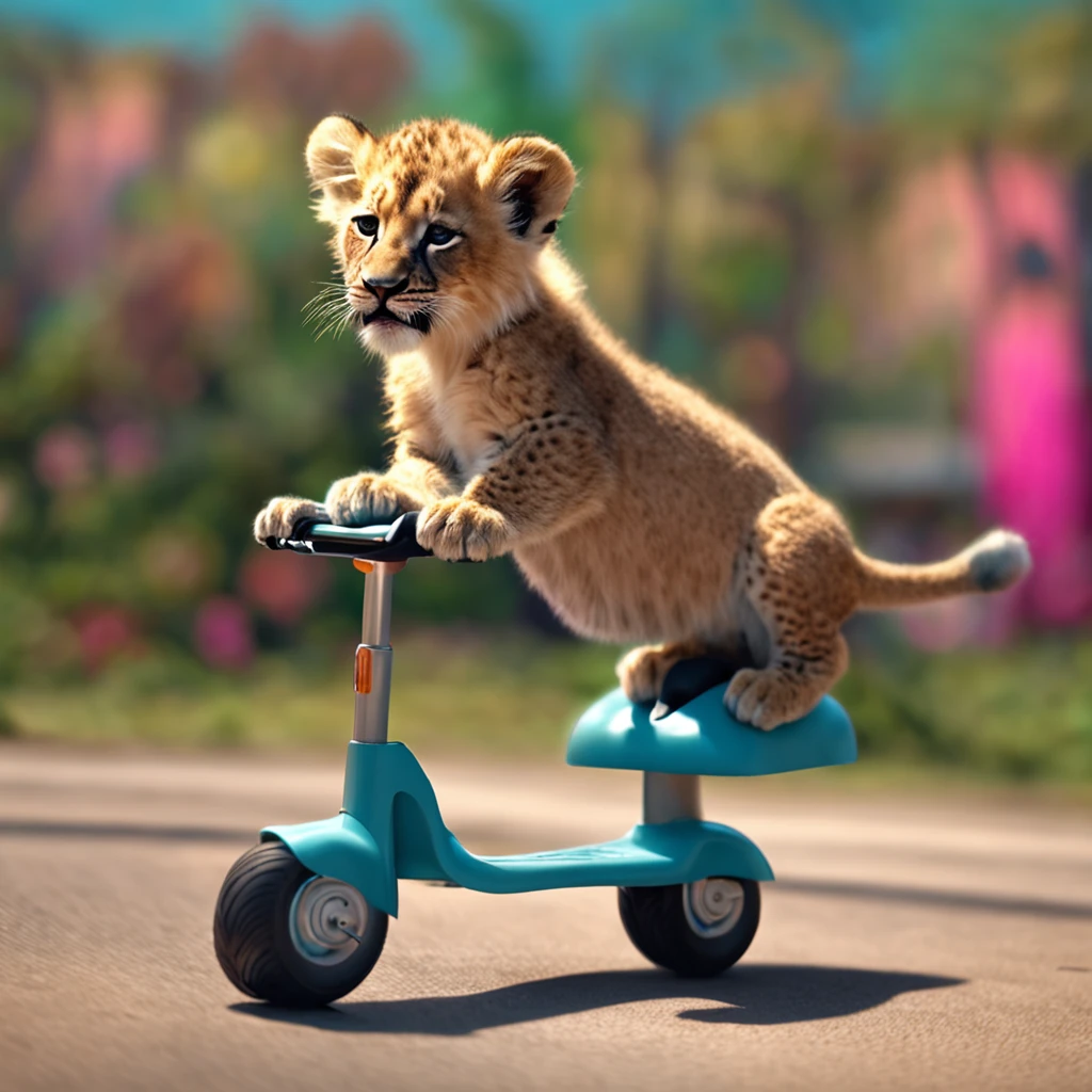 A baby lion stands on a scooter
