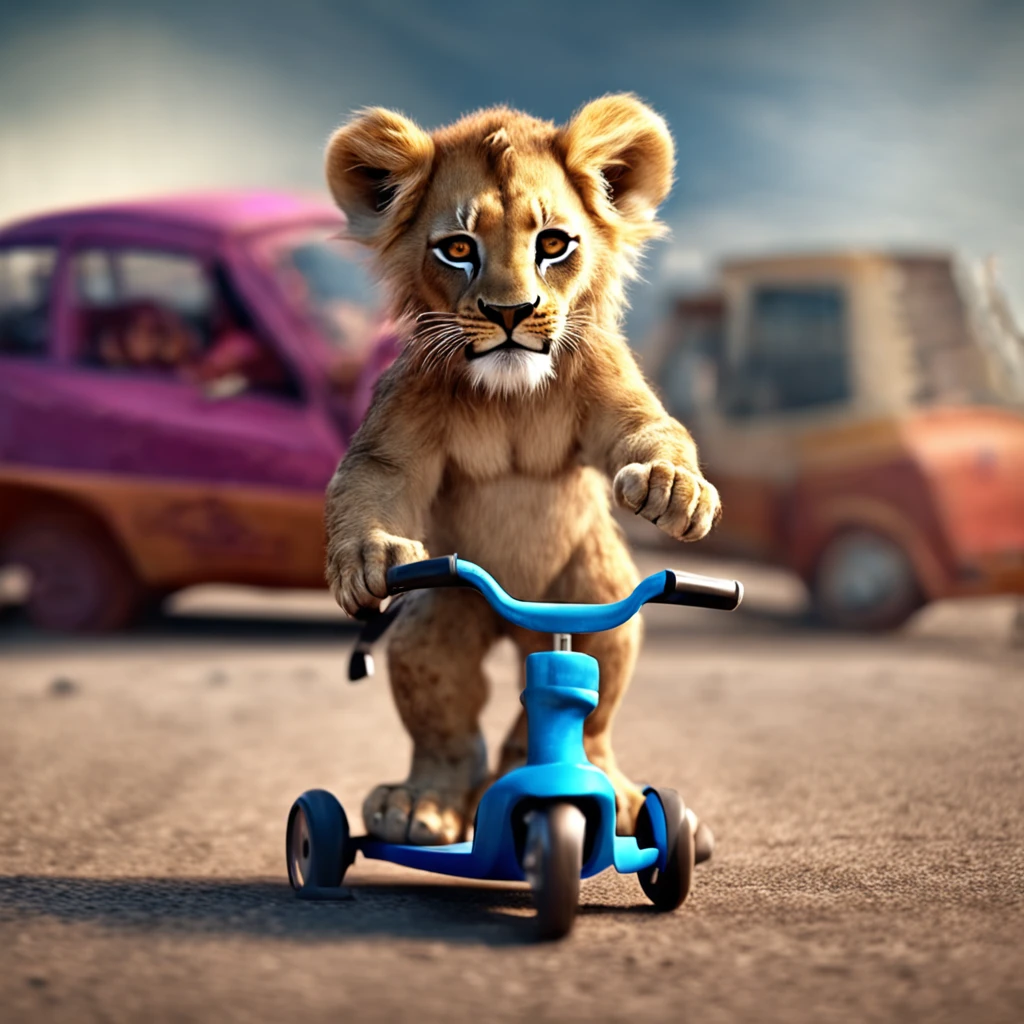A baby lion stands on a scooter