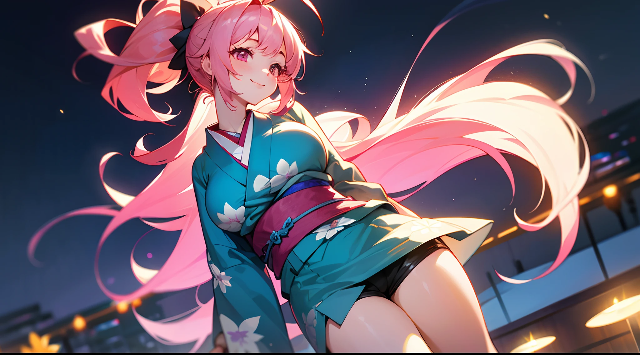 1 girl, game CG, blue floral short kimono, visible thighs, gigantic breasts, pink hair, long hair, hair up, princess hairstyle, ahoge, pink eyes, smile, night, standing