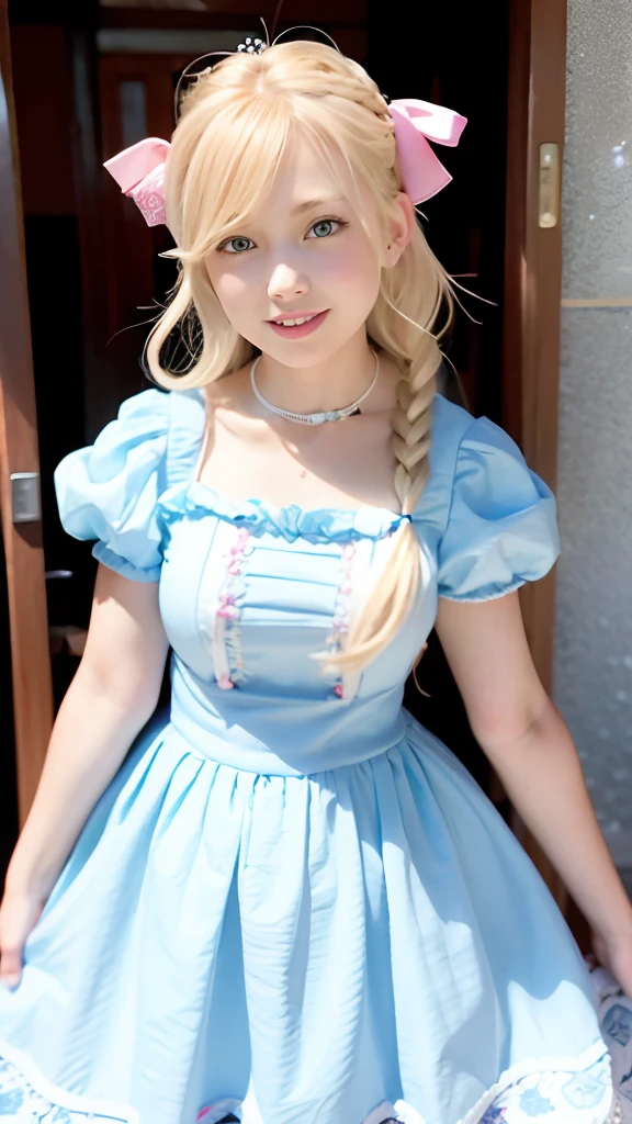 (ultra-detailliert), Cute princess dress in white,(frilly dress),(shortsleeves),Blue eyes, head shot,Lovely smile,facing front, 20yr old, Girl in her 20s,no tail,(no tail),2D, ​masterpiece, top-quality, animesque, A detailed eye, A detailed face, girl with, Only 1 person,Blonde medium hair, (a blond),  Ear Hair, small ????, Single braid, (Single braid), (Side braid), Pink ribbon, Ribbon around the neck, (Light blue sleeves), Stand in the hustle and bustle of China,