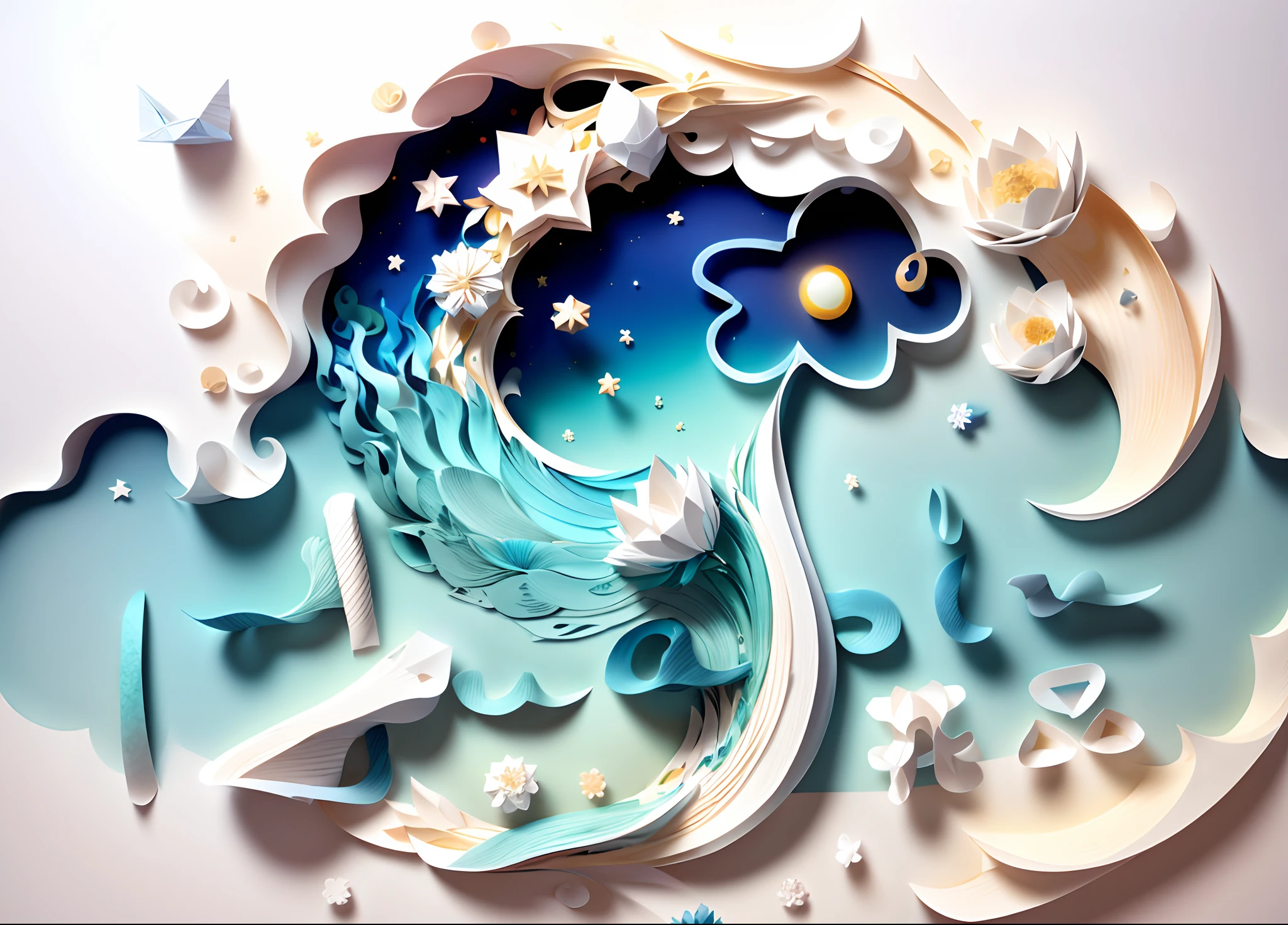 (((tmasterpiece))),best qualtiy,illustratio,Beautiful paper art,Ocean wave photo frame,All kinds of paper flowers, paper boat,the sea,nigh sky,As estrelas,themoon,simplebackground,