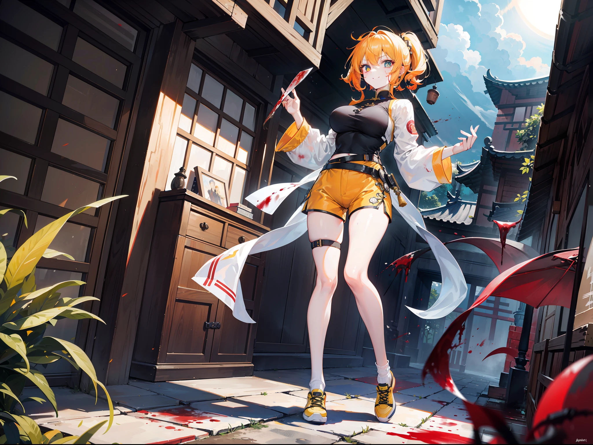 Beautiful girl with orange-yellow hair color,curlies,short detailed hair,High ponytail,Wearing an antique yellow and white long-sleeved training uniform,Hidden knives in clothes,open waist,Wear yellow-black shorts,long white socks,Black cloth shoes,assassins,Sunny smile,Tall and tall,Standing in an ancient Chinese courtyard full of corpses and blood,dark stormy clouds,China-style,huge tit,抖S,Full body photo,Extremely thin,extremely hyper,long white socks,assassins,The legs are very thin,Best quality at best,High- sharpness,tmasterpiece,Holding a blood-stained short knife,His body was covered in blood,Sick,Heterochromic pupils,morbid,Murderer,Extremely tall,Heterochromic pupils,being thin,Be covered in blood,Bodies are strewn across the field,blood vess,The demons,the night,dimly lit