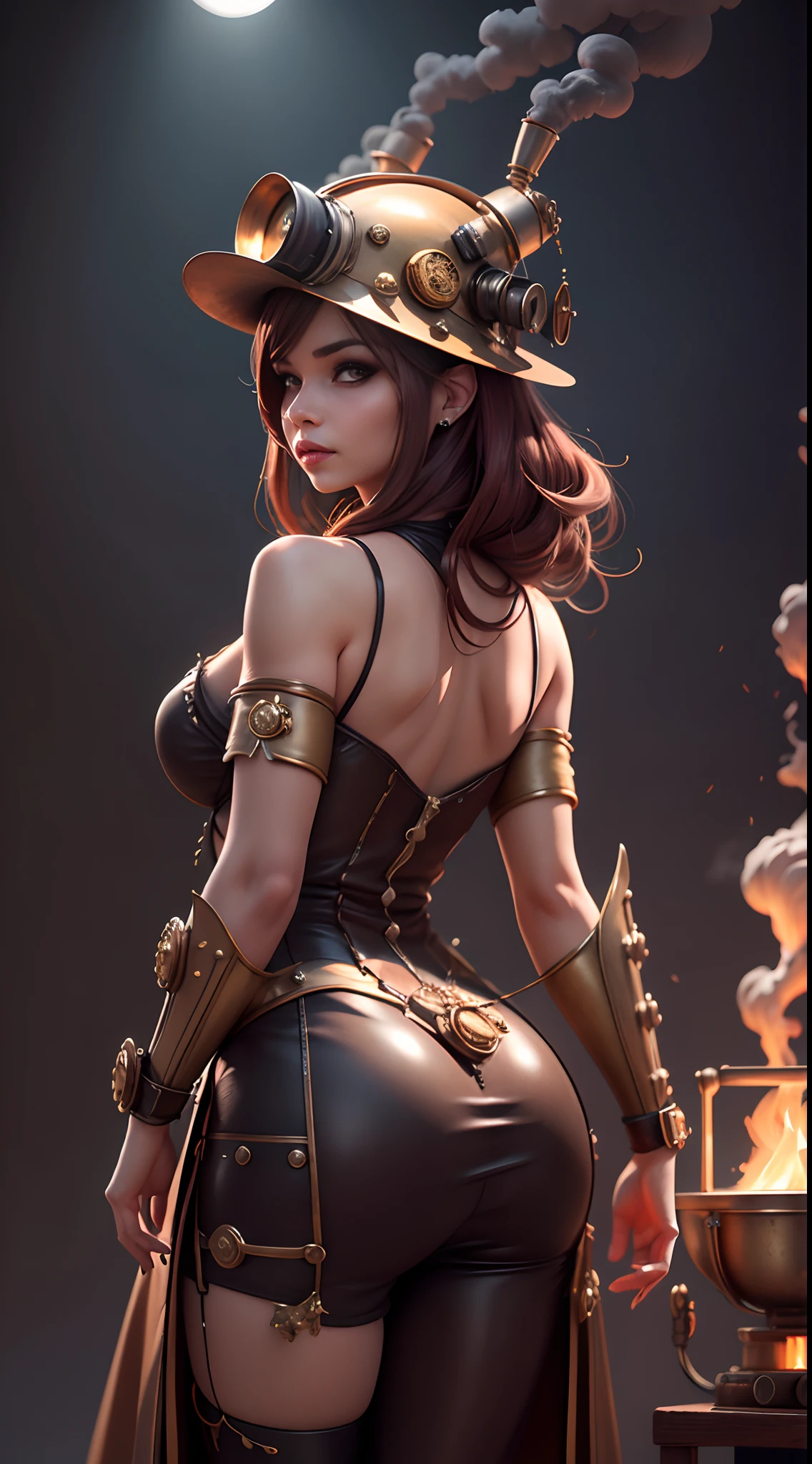 There's a sexzy indian 1woman with a steam-powered dusky skin, with muscledbody,less dress,Royal look,helmet, arte conceitual steampunk, sexzy full body view top to bottom, standing in backview turning camera, random camera anhle,dark smoke fog background,arte steampunk digital, arte steampunk de alta qualidade, Wojtek FUS, arte digital steampunk, detailed wild steampunk illustration, Portrait of a gold and copper mechanical woman, arte steampunk, estilo de arte dieselpunk, cyberpunk steampunk, estilo de fantasia steampunk, Arte digital altamente detalhada em 4k, sci-fi steampunk