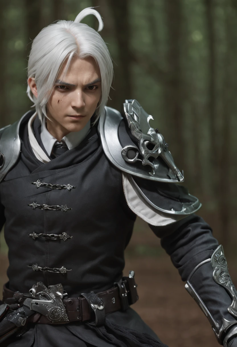 (masterpiece) In the virtual world of Sword Art Online GBO, a dynamic and epic scene unfolds as a boy with artfully styled white hair and a mysterious mask covering his face confidently strides through a dark dungeon. His attire consists of intricately designed armor clothing that accentuates his powerful presence. In his hands, he wields a sleek sniper rifle, ready to take on any challenge that awaits.