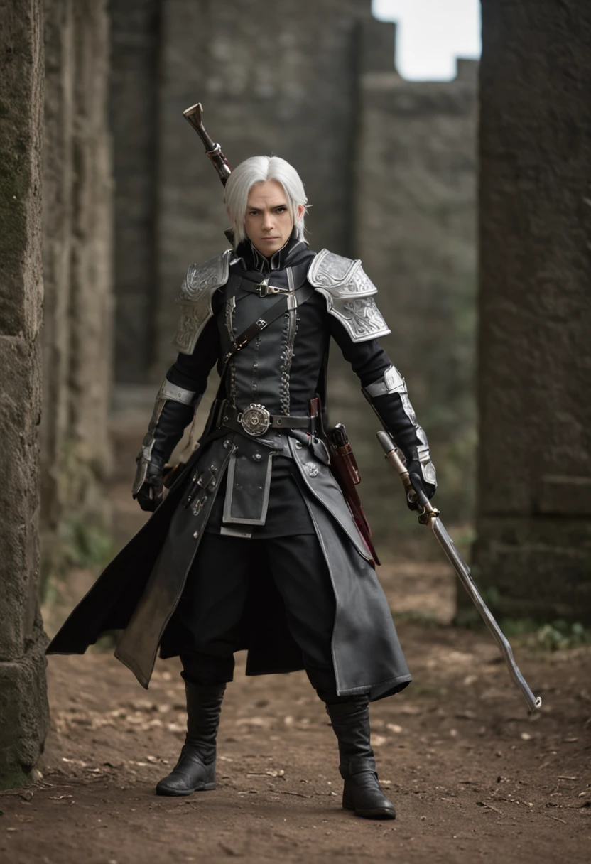 (masterpiece) In the virtual world of Sword Art Online GBO, a dynamic and epic scene unfolds as a boy with artfully styled white hair and a mysterious mask covering his face confidently strides through a dark dungeon. His attire consists of intricately designed armor clothing that accentuates his powerful presence. In his hands, he wields a sleek sniper rifle, ready to take on any challenge that awaits.