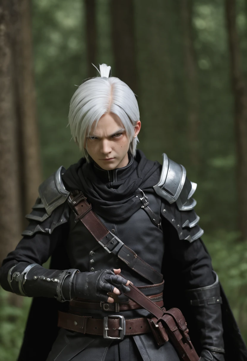 (masterpiece) In the virtual world of Sword Art Online GBO, a dynamic and epic scene unfolds as a boy with artfully styled white hair and a mysterious mask covering his face confidently strides through a dark dungeon. His attire consists of intricately designed armor clothing that accentuates his powerful presence. In his hands, he wields a sleek sniper rifle, ready to take on any challenge that awaits.