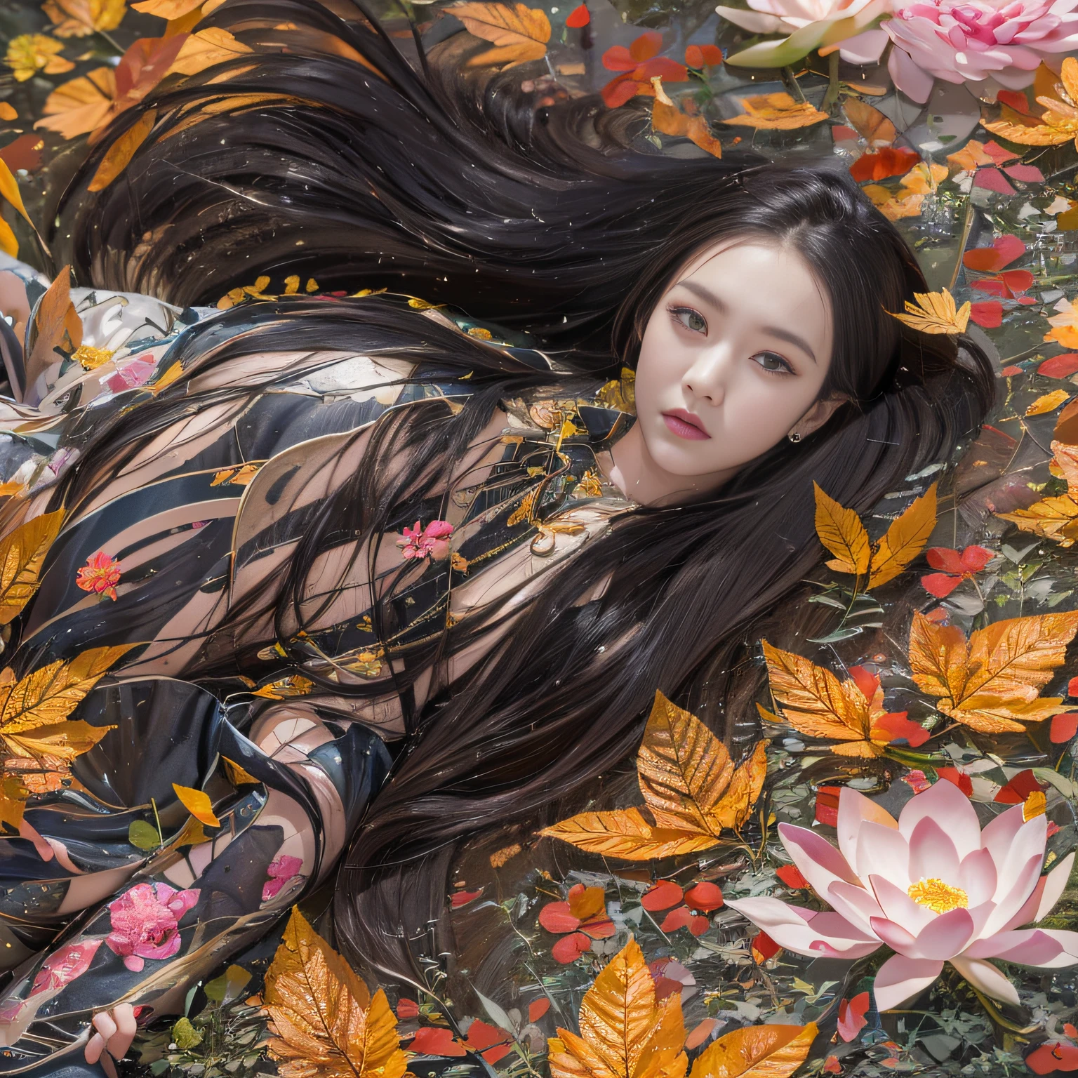 32K（tmasterpiece，k hd，hyper HD，32K）Long flowing black hair，ponds，zydink， a color，  Asian people （Silly girl）， （Silk scarf）， Combat posture， looking at the ground， long whitr hair， Floating hair， Carp pattern headdress， Chinese long-sleeved bright orange outfit， （abstract ink splash：1.2）， Pink petal background，Pink and white lotus flowers fly（realisticlying：1.4），Black color hair，Fallen leaves flutter，The background is pure， A high resolution， the detail， RAW photogr， Sharp Re， Nikon D850 Film Stock Photo by Jefferies Lee 4 Kodak Portra 400 Camera F1.6 shots, Rich colors, ultra-realistic vivid textures, Dramatic lighting, Unreal Engine Art Station Trend, cinestir 800，Long flowing black hair