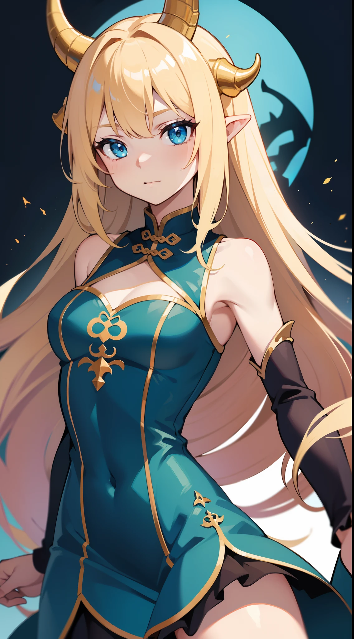 young girl, longue blonde hair, dragon horns, Cyan eyes, tight blue chinese dress, neckline on the chest, grudge, little chest, Masterpiece, hiquality