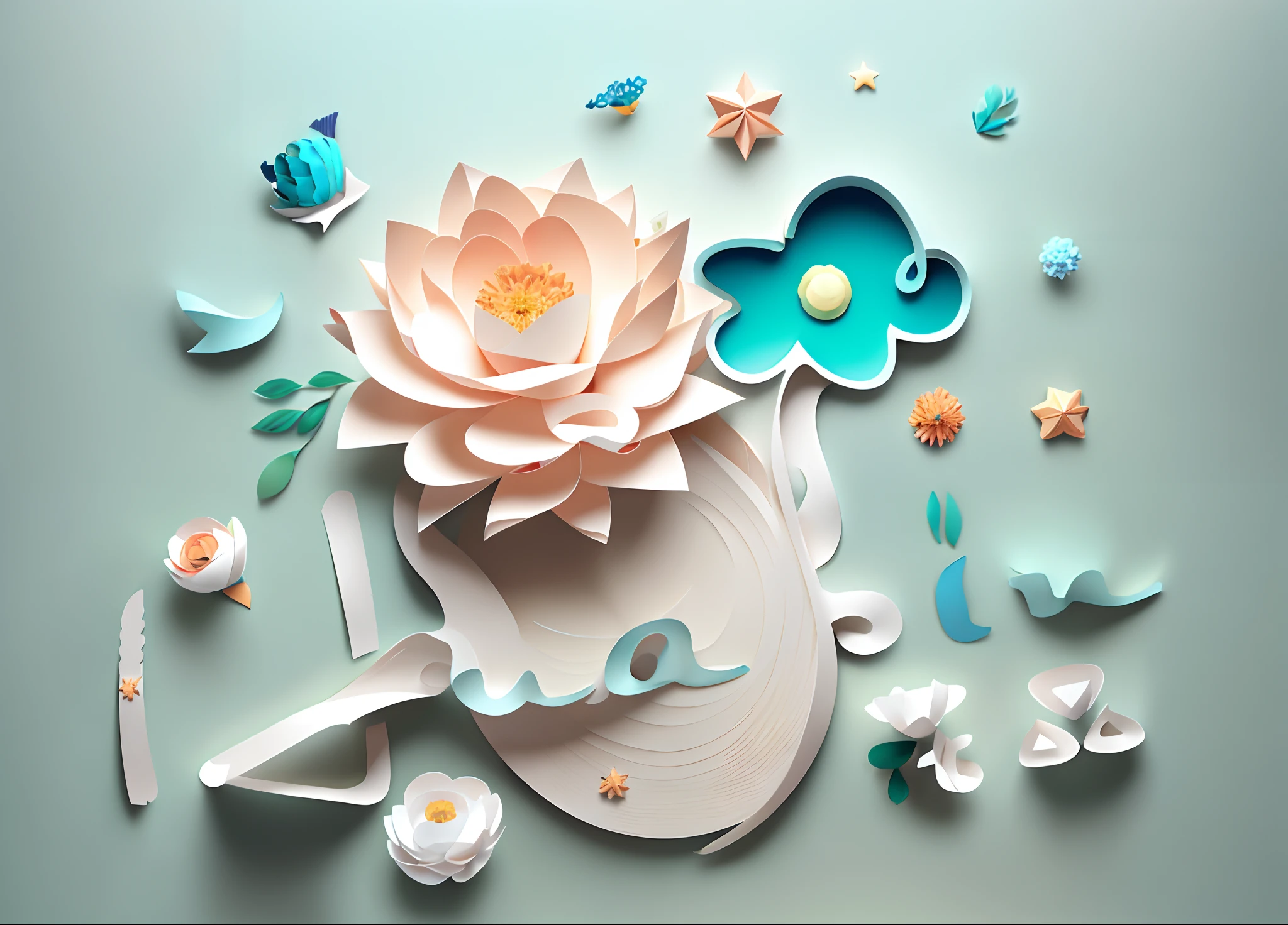 （（（tmasterpiece））），best qualtiy，illustratio，Beautiful paper flowers，Various flowers, icecream，Wave frame，starfish,themoon，simplebackground,