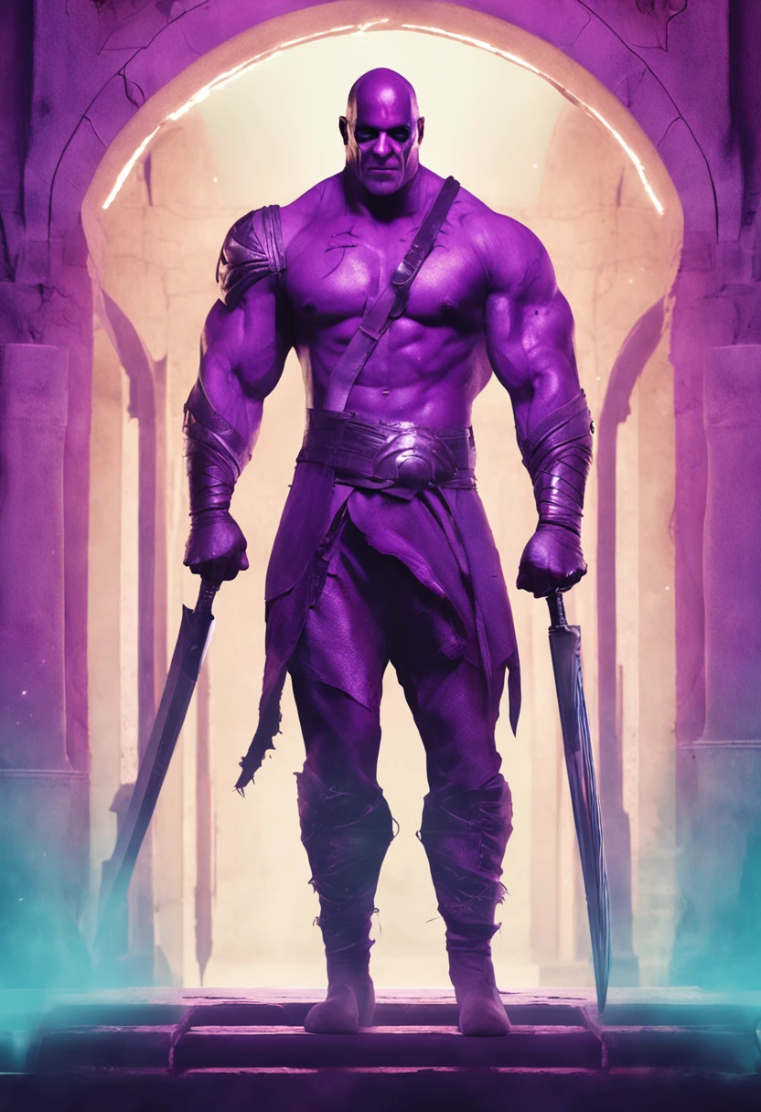 A tall, muscular man is standing in front of a purple portal. He's shirtless, and his body is covered with very obvious scars and he has no weapon this one with his hands free. He wears a white leather mask with a bald theatrical smile, and his pants and shoes are baggy. He holds a sword in his right hand. The man is standing in silence, seus olhos fixos no portal. The portal is glowing with a purple light, e um som de assobio pode ser ouvido vindo de dentro.