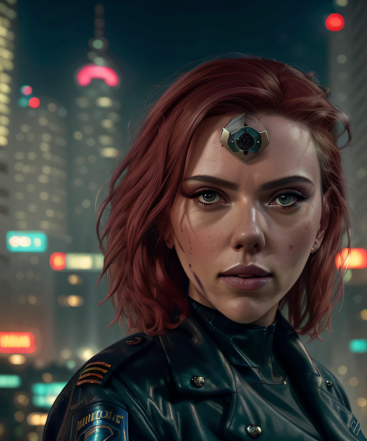 Portrait of scarlett (:0.9) as a beautiful female model, georgia fowler, beautiful face, with short dark brown hair, in cyberpunk city at night. She is wearing a leather jacket, black jeans, dramatic lighting, (police badge:1.2)