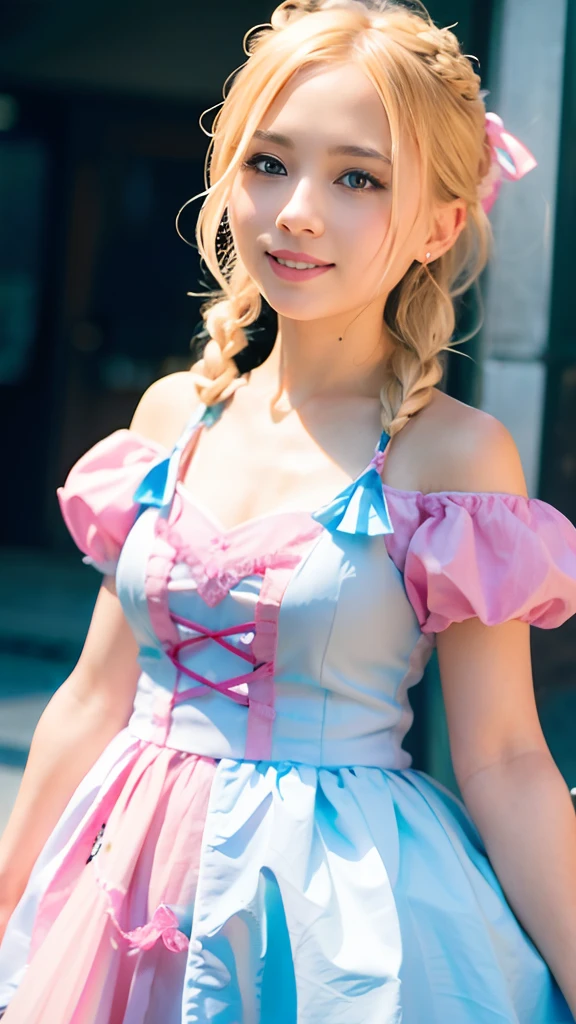 (ultra-detailliert), Cute princess dress in pink color,(frilly dress),(shortsleeves),Blue eyes, a head shot,Lovely smile,facing front, 20yr old, Girl in her 20s,no tail,(no tail),2D, masterpiece, top-quality, animesque, A detailed eye, A detailed face, girl with, Only 1 person,Blonde medium hair, (a blond), Ear Hair, small tits, Single braid, (Single braid), (Side braid), Pink ribbon, Ribbon around the neck, (Light blue sleeves), Stand in the hustle and bustle of China,