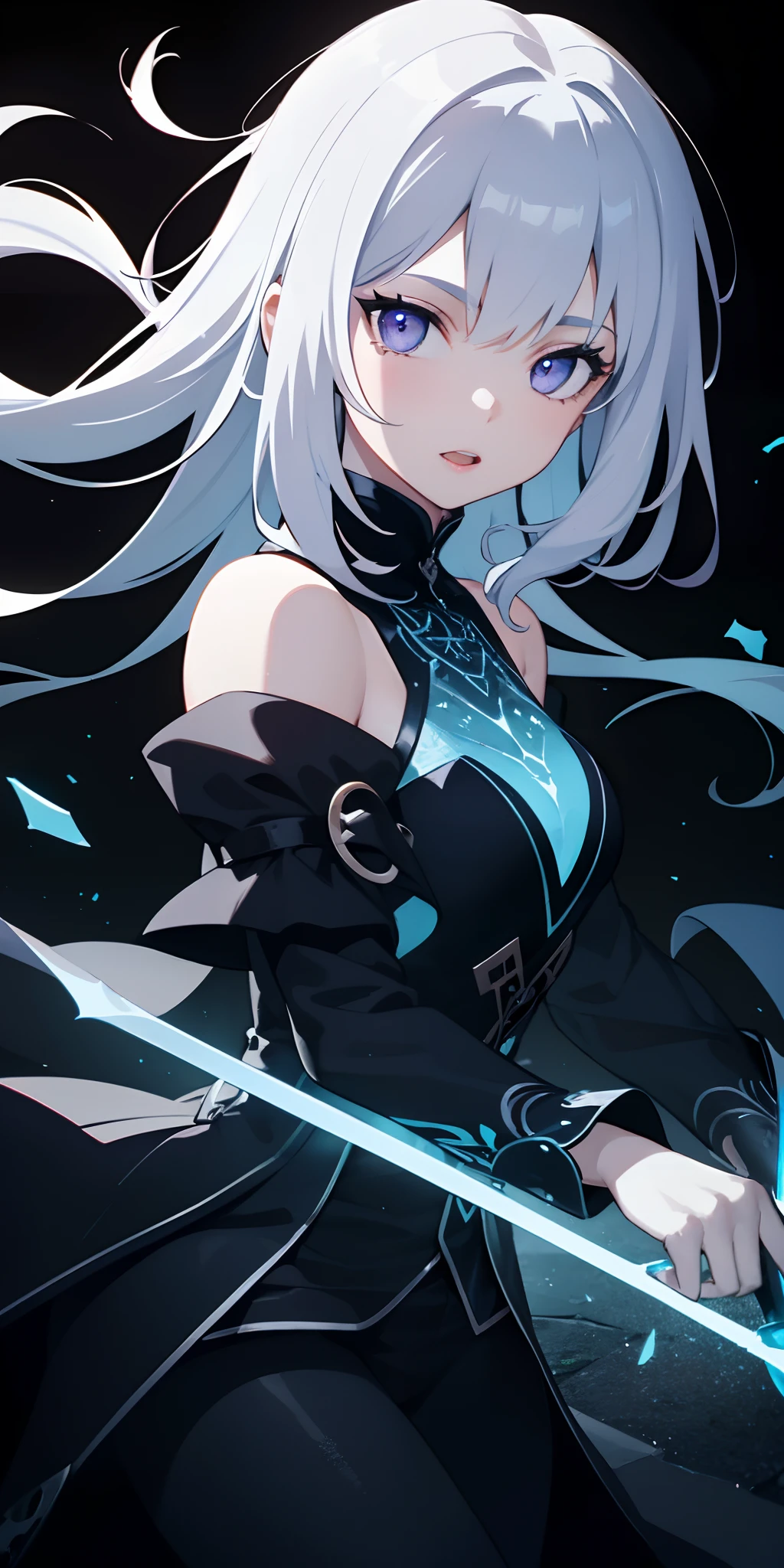 masterpiece, best quality, (extremely detailed CG unity 8k wallpaper, masterpiece, best quality, ultra-detailed, best shadow), (detailed background), (beautiful detailed face, beautiful detailed eyes), High contrast, (best illumination, an extremely delicate and beautiful),1girl,((colourful paint splashes on transparent background, dulux,)), ((caustic)), dynamic angle,beautiful detailed glow,full body, cowboy shot, colorful, 1girl, white hair, purple eyes, dual wielding, sword, holding sword, blue flames, glow, glowing weapon, light particles, wallpaper, chromatic aberration, (detailed background,dark fantasy), (beautiful detailed face), high contrast, (best illumination, an extremely delicate and beautiful), ((cinematic light)), colorful, hyper detail, dramatic light, intricate details, depth of field,black light particles,(broken glass),magic circle,