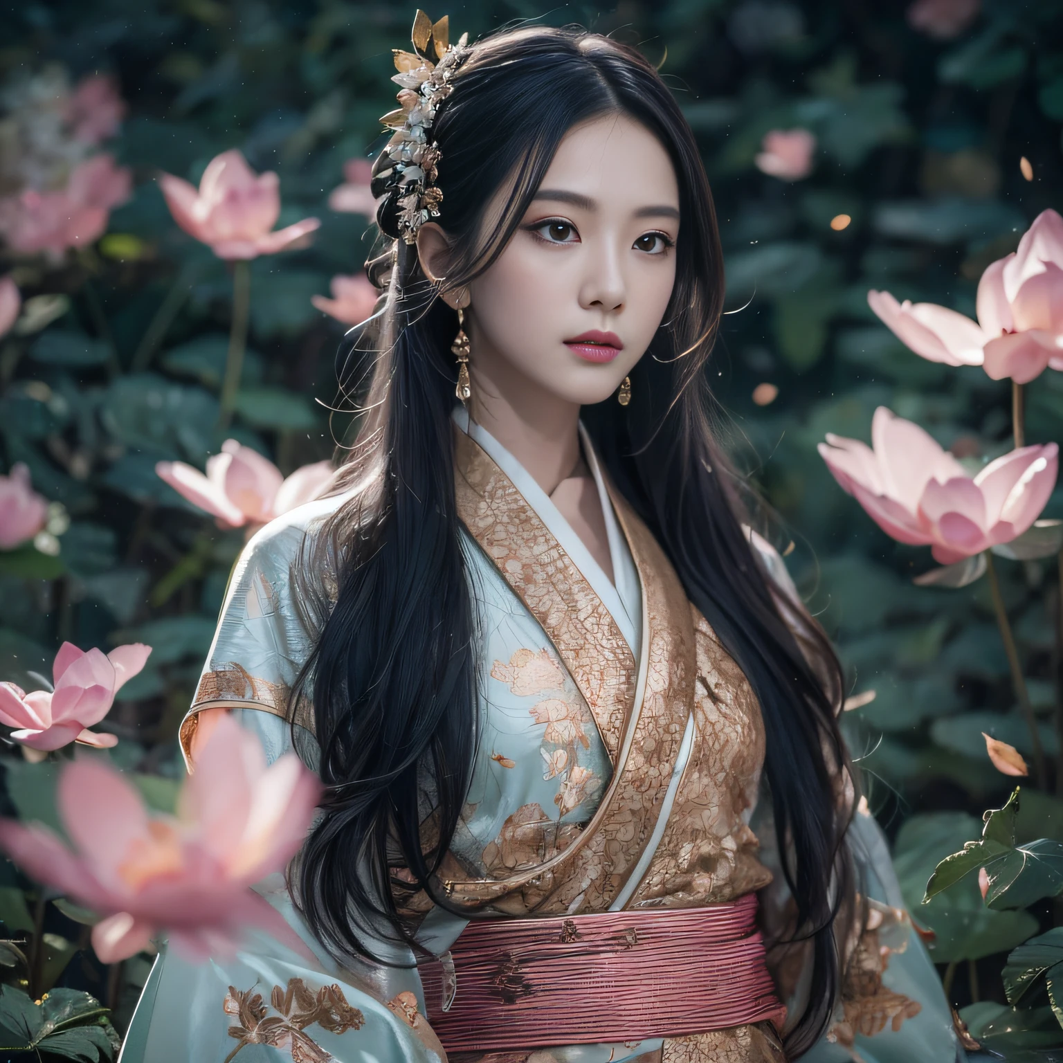 32K(tmasterpiece,k hd,hyper HD,32K)Long flowing black hair,ponds,zydink, a color, Asian people (Silly girl), (Silk scarf), Combat posture, looking at the ground, long whitr hair, Floating hair, Carp pattern headdress, Chinese long-sleeved clothing, (abstract ink splash:1.2), Pink petal background,Pink and white lotus flowers fly(realisticlying:1.4),Black color hair,Fallen leaves flutter,The background is pure, A high resolution, the detail, RAW photogr, Sharp Re, Nikon D850 Film Stock Photo by Jefferies Lee 4 Kodak Portra 400 Camera F1.6 shots, Rich colors, ultra-realistic vivid textures, Dramatic lighting, Unreal Engine Art Station Trend, cinestir 800,Long flowing black hair