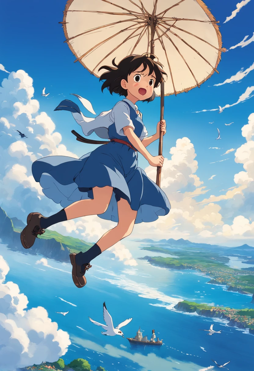 masutepiece, Bird View, Best Quality, Movie Still, One girl riding a flying broom, Seagull, Below is the blue sea and the island, kikis delivery service, miyazaki's animated film, Ghibli Anime, Clouds in the sky, Blue sky, close-up, Bright, Happy, Warm and soft lighting, Sunrise, (sparks:0.7), ultra wide-angle, 8K, Super Detail, ccurate, Best Quality