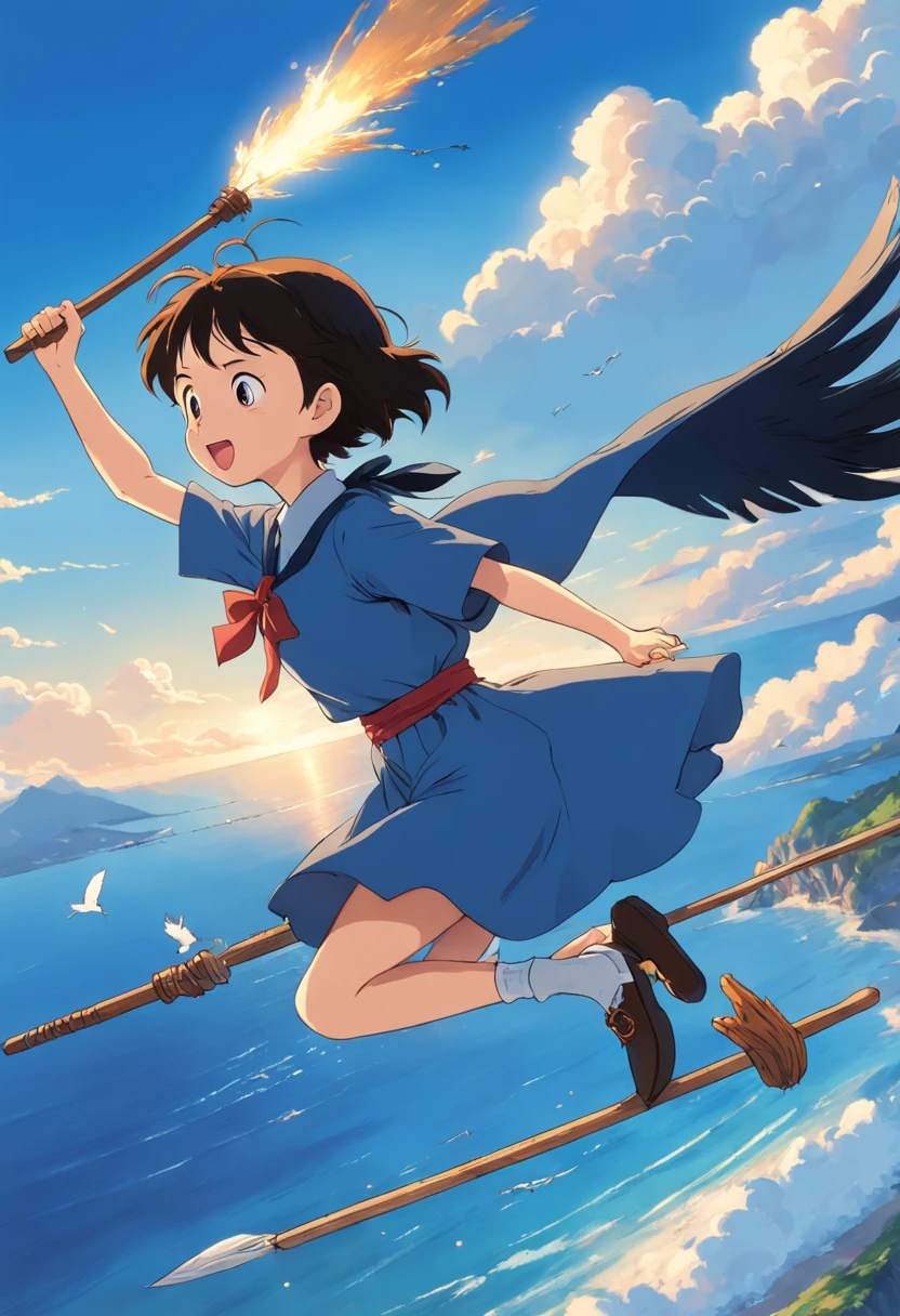 masutepiece, Bird View, Best Quality, Movie Still, One girl riding a flying broom, Seagull, Below is the blue sea and the island, kikis delivery service, miyazaki's animated film, Ghibli Anime, Clouds in the sky, Blue sky, close-up, Bright, Happy, Warm and soft lighting, Sunrise, (sparks:0.7), ultra wide-angle, 8K, Super Detail, ccurate, Best Quality