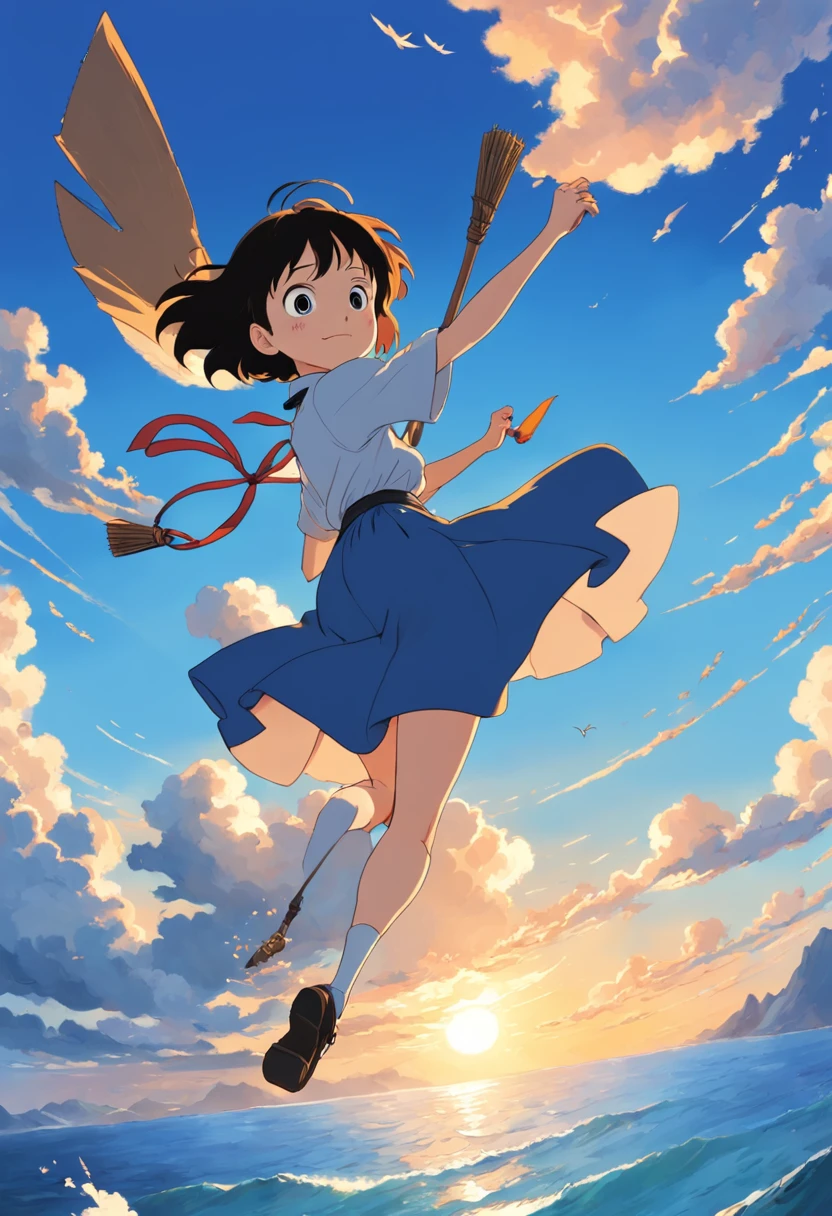 masutepiece, Bird View, Best Quality, Movie Still, One girl riding a flying broom, Seagull, Below is the blue sea and the island, kikis delivery service, miyazaki's animated film, Ghibli Anime, Clouds in the sky, Blue sky, close-up, Bright, Happy, Warm and soft lighting, Sunrise, (sparks:0.7), ultra wide-angle, 8K, Super Detail, ccurate, Best Quality