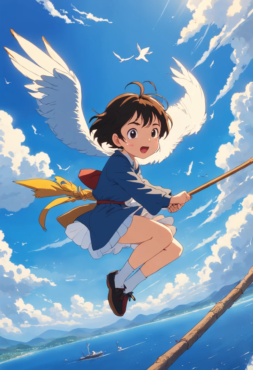 masutepiece, Bird View, Best Quality, Movie Still, One girl riding a flying broom, Seagull, Below is the blue sea and the island, kikis delivery service, miyazaki's animated film, Ghibli Anime, Clouds in the sky, Blue sky, close-up, Bright, Happy, Warm and soft lighting, Sunrise, (sparks:0.7), ultra wide-angle, 8K, Super Detail, ccurate, Best Quality