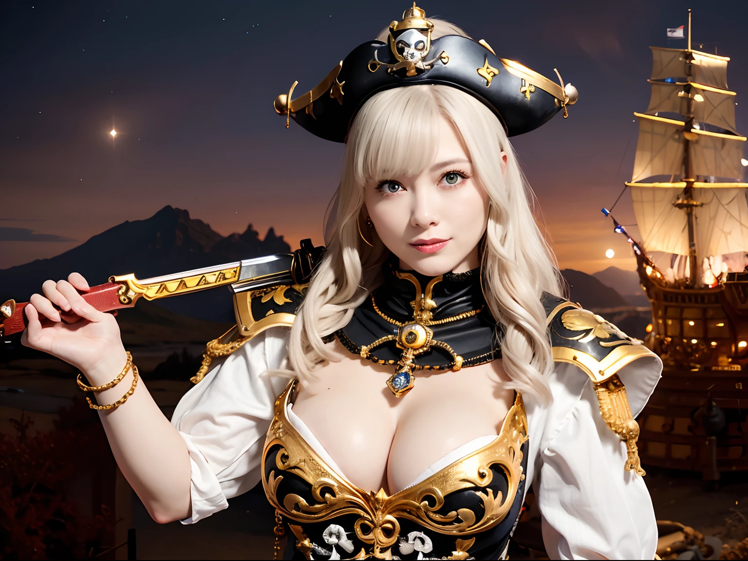 (masutepiece), Professional , masterpiece、top-quality、photos realistic , depth of fields (Gemstone Silver Metal Body:1.9),(Matte White、(Put on a pirate hat)、Jewel Gold Weapon(Jewel Metal Body:1.4),Gorgeous metal weapons , Detailed Sword of the Brave , Beautiful knife ,warhammer 40k , The port town、adepta sororitas,Detail and ornate jewel crown、Black hair、Gangle's forest background、Beautiful Caucasian beauty、1a person、dynamic ungle,(((Detailed and ornate diamond crown)))、Smaller head、A smile、Take a y pose、Background inside the castle、Thin and beautiful female hands、cle the breast、Soldron armor on background、Man soldier in iron armor on background、Sea view、Pirate Ship、Woman or stand in the center、Pirate Ship、